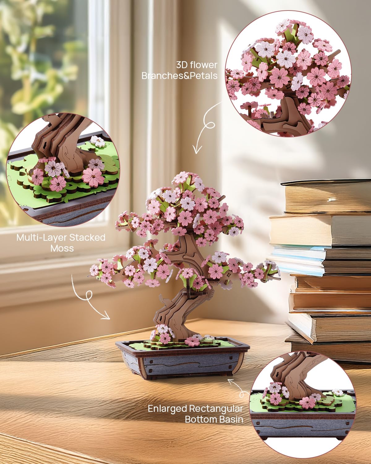 Rolife 3D Wooden Puzzle Flower for Adults, DIY Sakura Bonsai Tree Plants for Home Table Decor, Creative Cherry Blossom Crafts Birthday Model Building Kits Toys