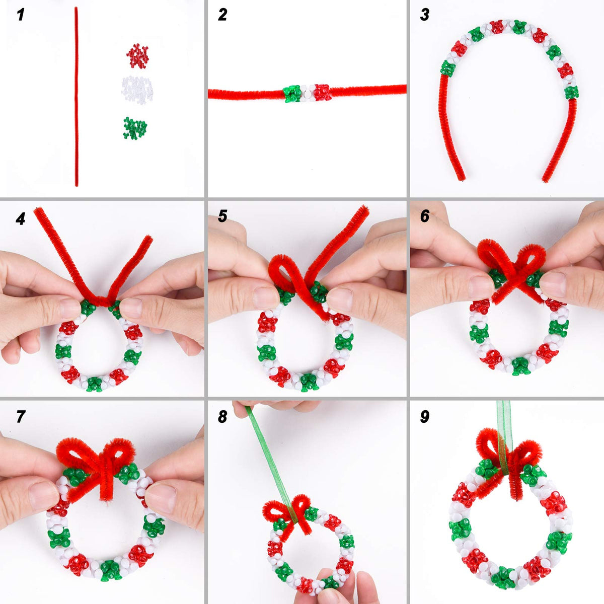 Livder Christmas Beads Wreath Cane Ornament Kit, 1500 Pieces Triangle Beads, 60 Pieces Chenille Stems, 64 Feet Ribbons for Xmas Craft House Tree Decorations