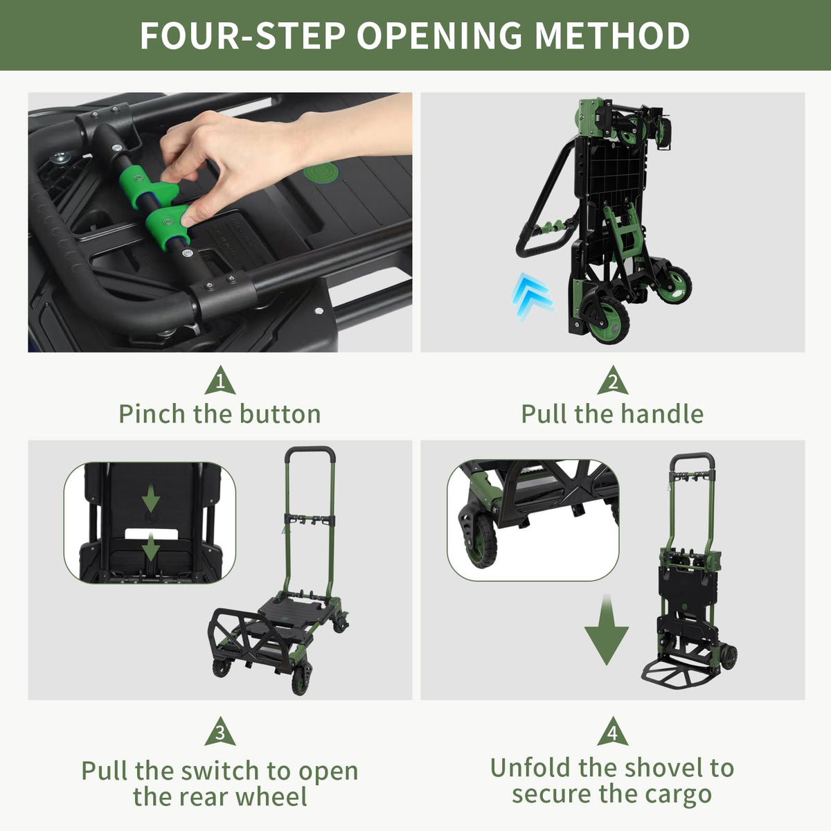 2-in-1 Black Folding Small cart, Outdoor Cargo handling Vehicle, Flatbed Trailer with a Load Capacity of 330 pounds (1, Green+Black Brake)