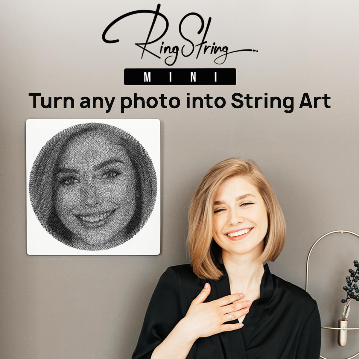 RINGSTRING Mini Art Kit for String Art Creation from Any Photo - Custom Craft Kit for Adults - 3D DIY String Art Kit - Original Gift and Handmade Home Decor