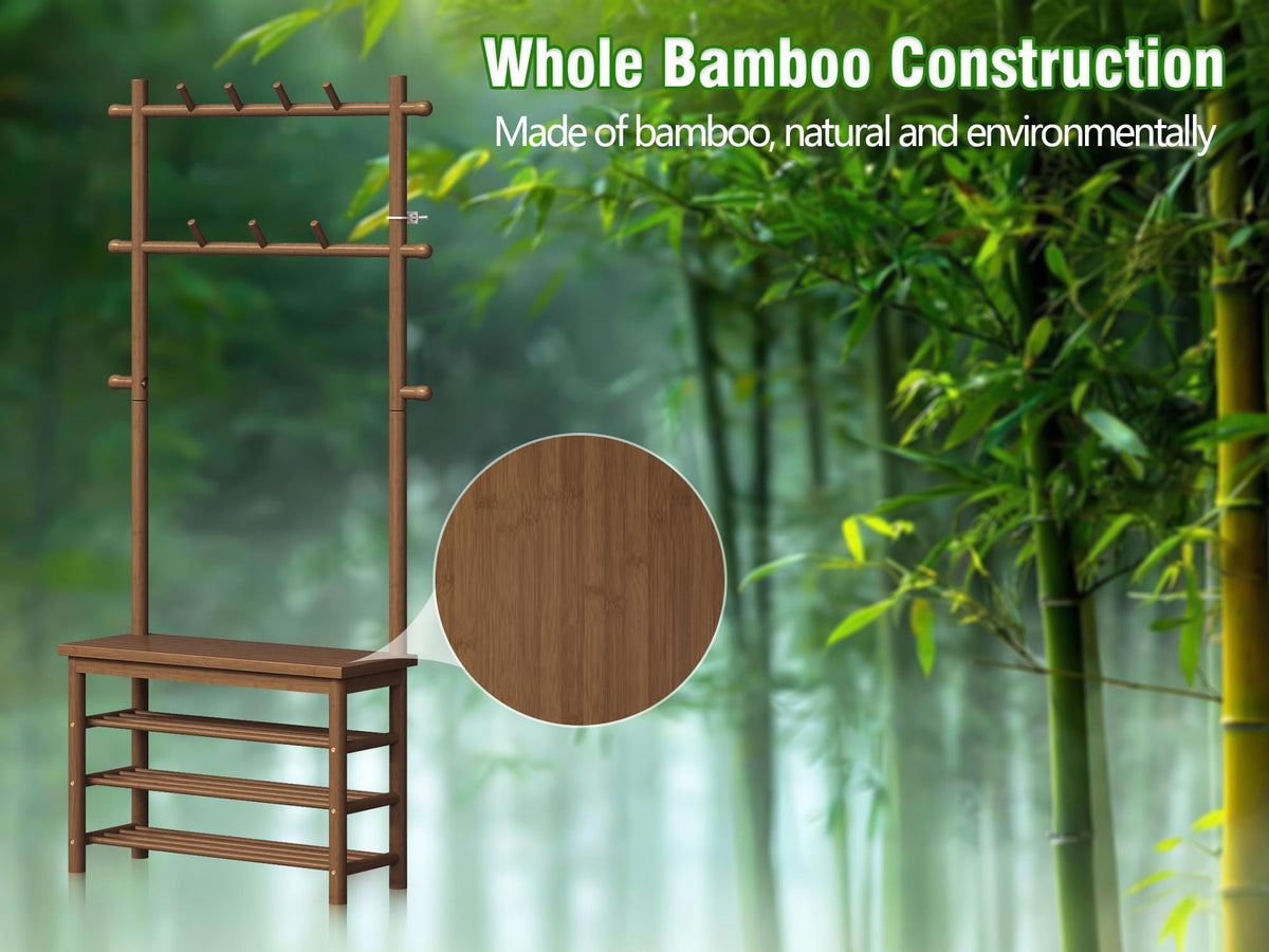 Welfuturer Bamboo Hall Tree with 13 Hook, 6-in-1 Entryway Bench with Coat Rack Freestanding, Coat Rack with Shoe Storage Bench Organizer for Mudroom, Bedroom, All-in-One Shoe Rack,Walnut