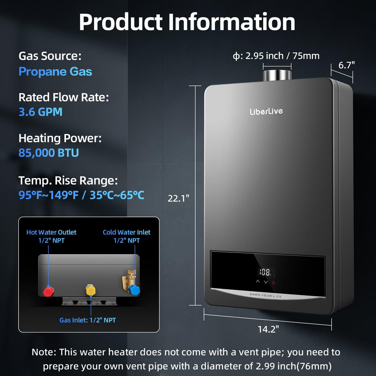 Propane Gas Tankless Water Heater, Indoor Max 3.6 GPM, 80,000 BTU On Demand Instant Hot Water Heater Propane Gas with LED Temperature Control Panel, 1/2" NPT Connector Size, Gray 3.6 P1