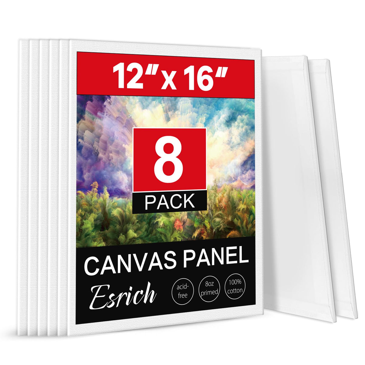 ESRICH Canvas Boards for Painting 12x16 Inch, 8 Pack Canvases for Painting Cotton Primed Acid Free Large Blank Canvas Panels for Oil Paint, Watercolor, Acrylic Paint, Gouache and Tempera.