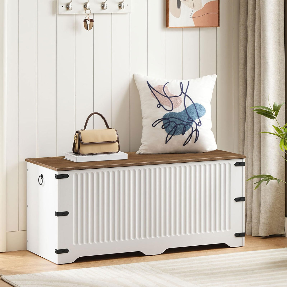 HOOBRO Storage Bench, Toy Box Organizer, Toy Chest with Safety Hinge, Farmhouse Style Storage Chest, 39.3 x 15.7 x 17.7 Inches for Living Room, Bedroom, Entryway, White and Walnut WH26CW01