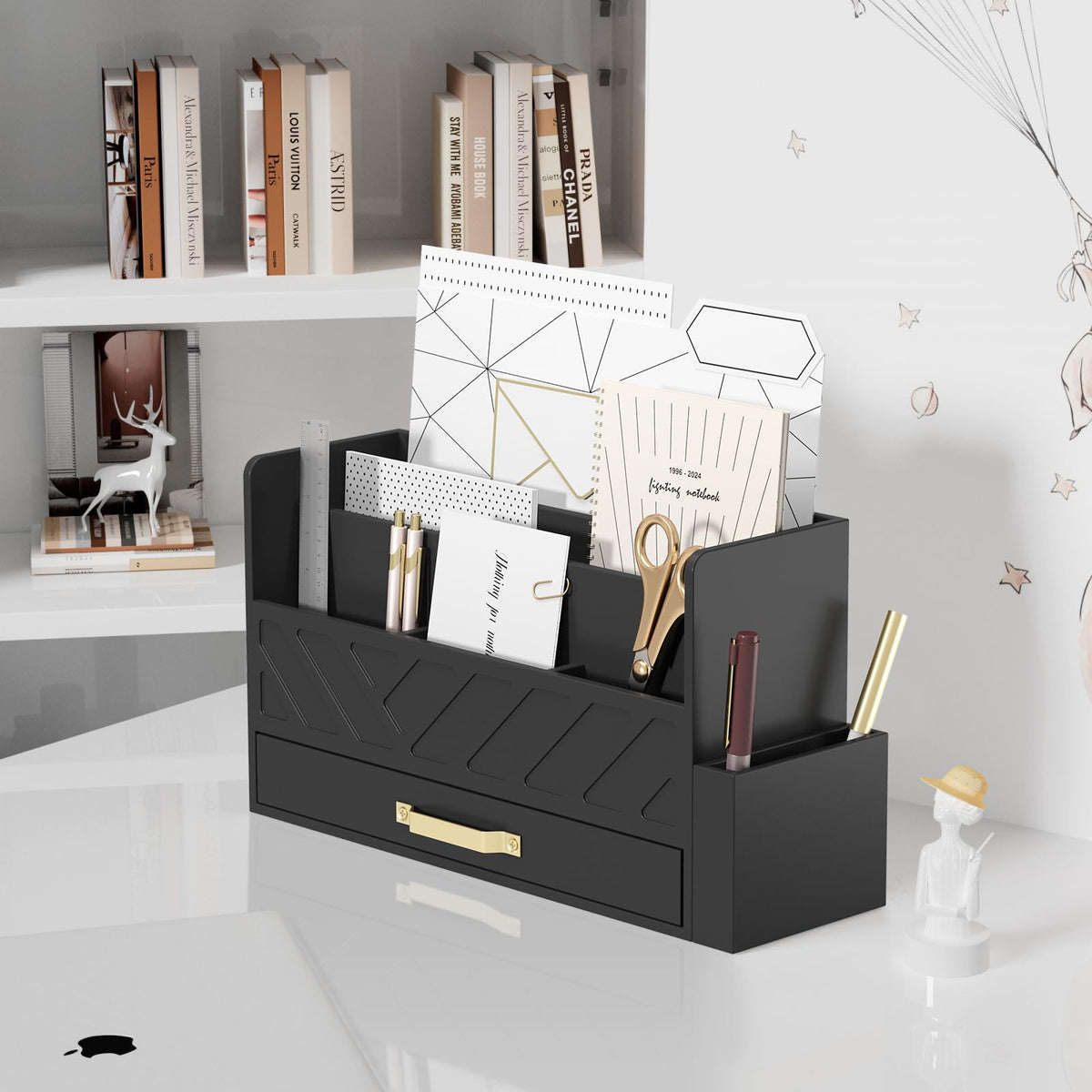 WISUCART Bamboo Desk Organizer Mail Holder Countertop Wood Desk Drawer Tabletop Storage Box Pen Holder Letter Sorter Makeup Organizer for School Home Office Supplies with Pen Holder Black