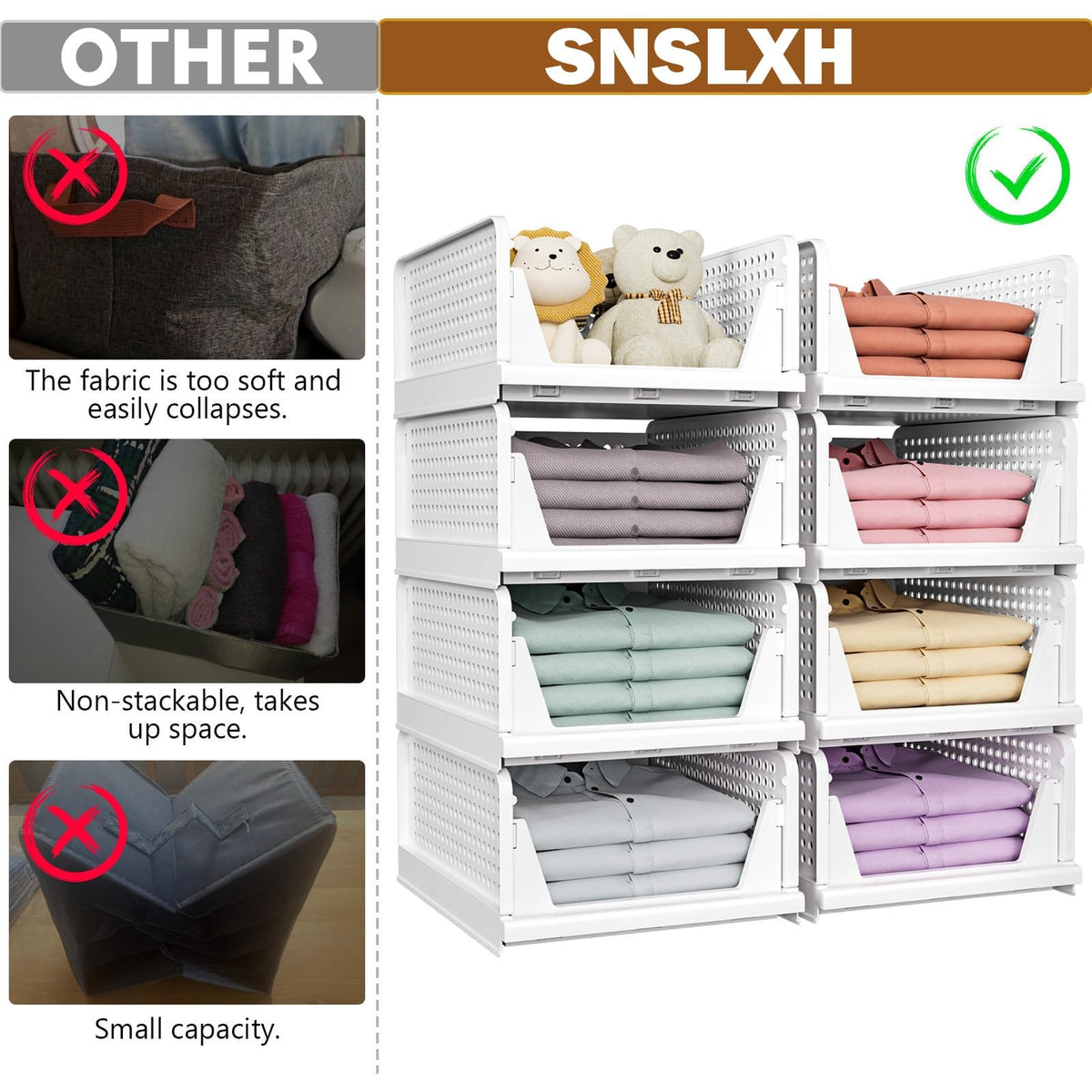 SNSLXH 5 Pack Stackable Closet Storage Basket, Multifunctional & Foldable Closet Organizer for Bathroom Kitchen Laundry Room Wardrobe Storage, Space-Saving Clothes Storage Drawer Organizer, White