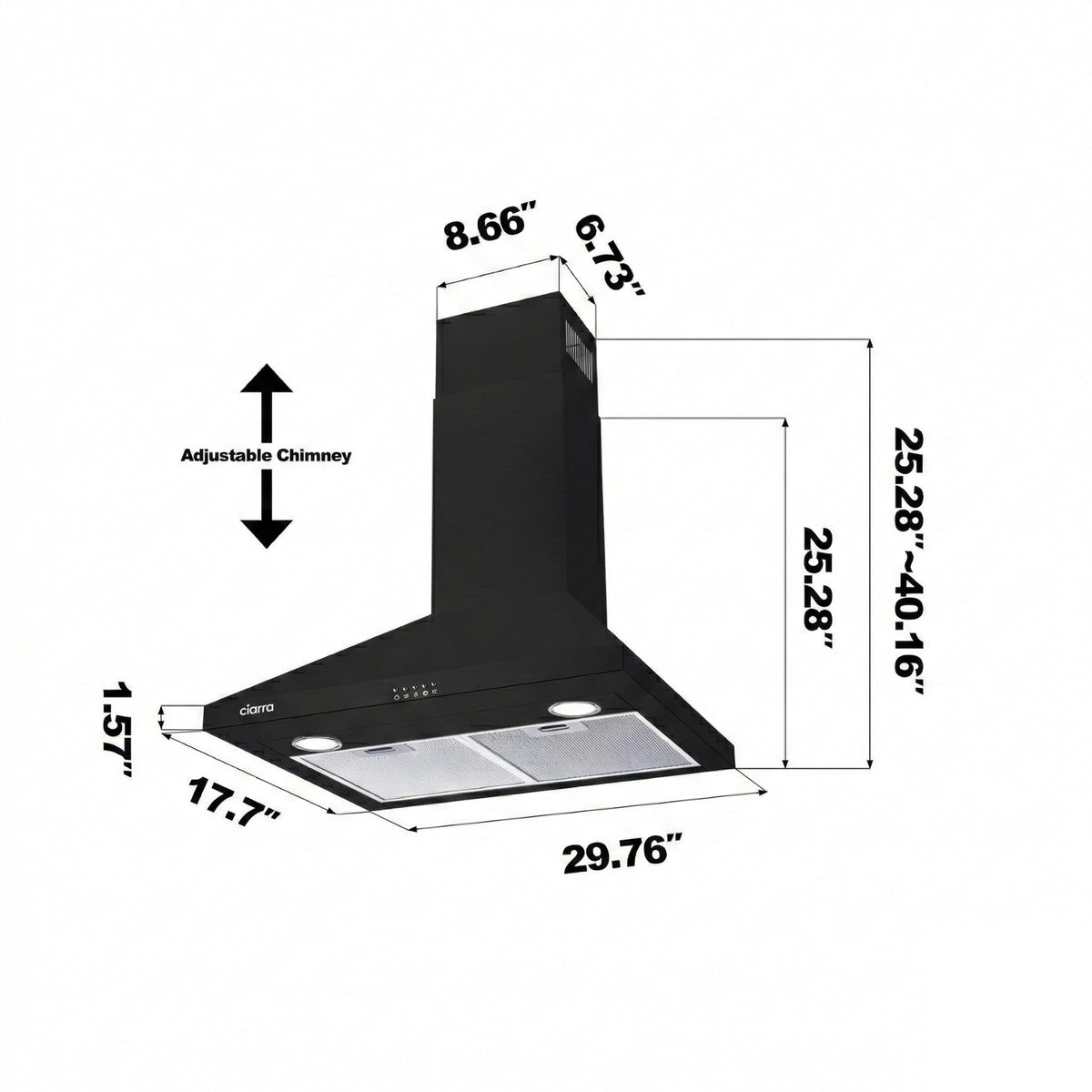 CIARRA Black Wall Mount Range Hood 30 inch 550 CFM Stove Vent Hood with 2 LED Light for Kitchen, 3 Speed Fan, Ducted & Ductless Mode, Push Button, Easy to Install, CAB75206P-N
