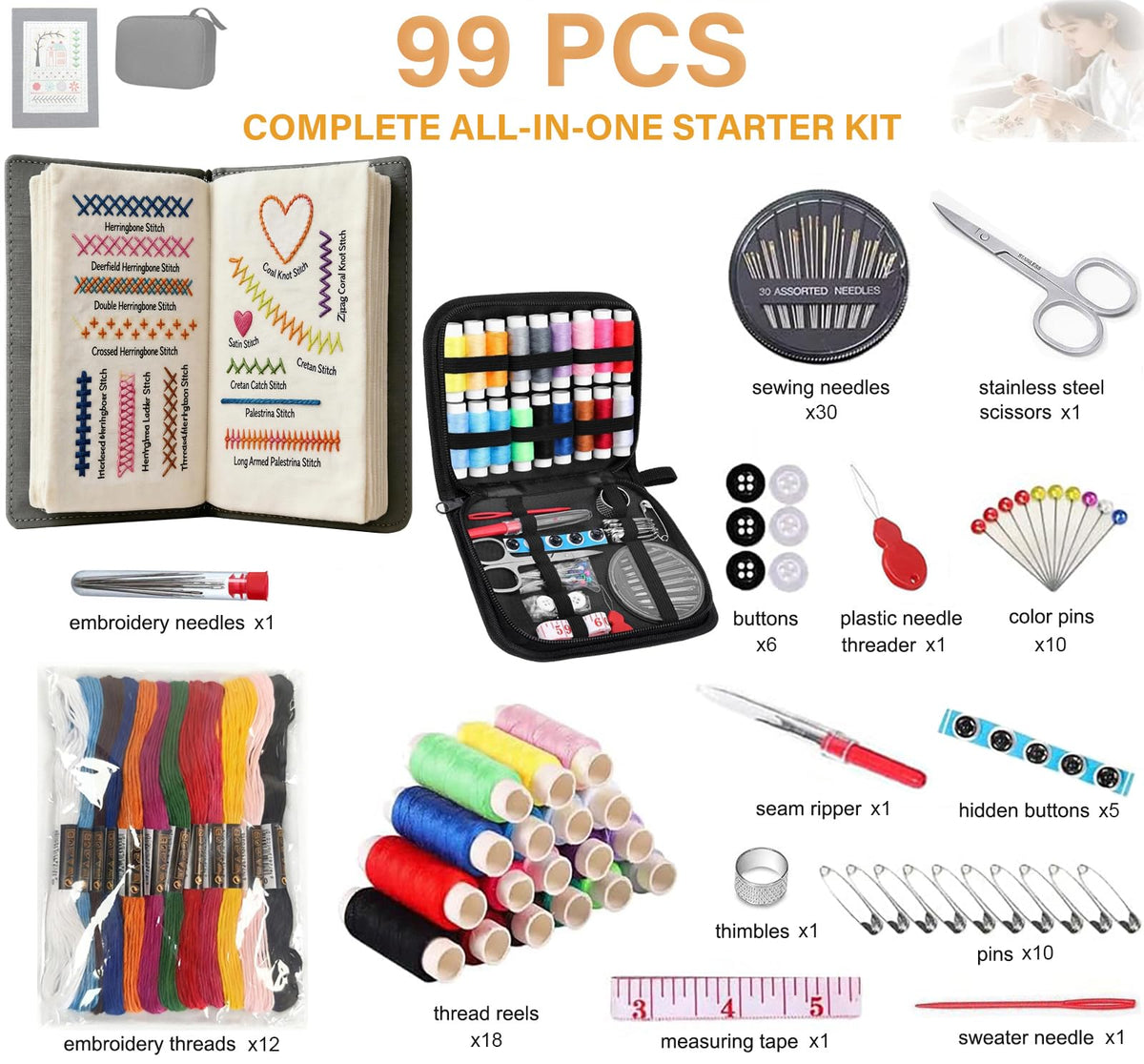ZFBDMC Embroidery Stitch Book, 2026 Upgraded Portable DIY Embroidery Kit for Beginners with Linen, 99-Piece Complete Needle & Thread Set, Step-by-Step Video Instructions, Craft Gift for Adults