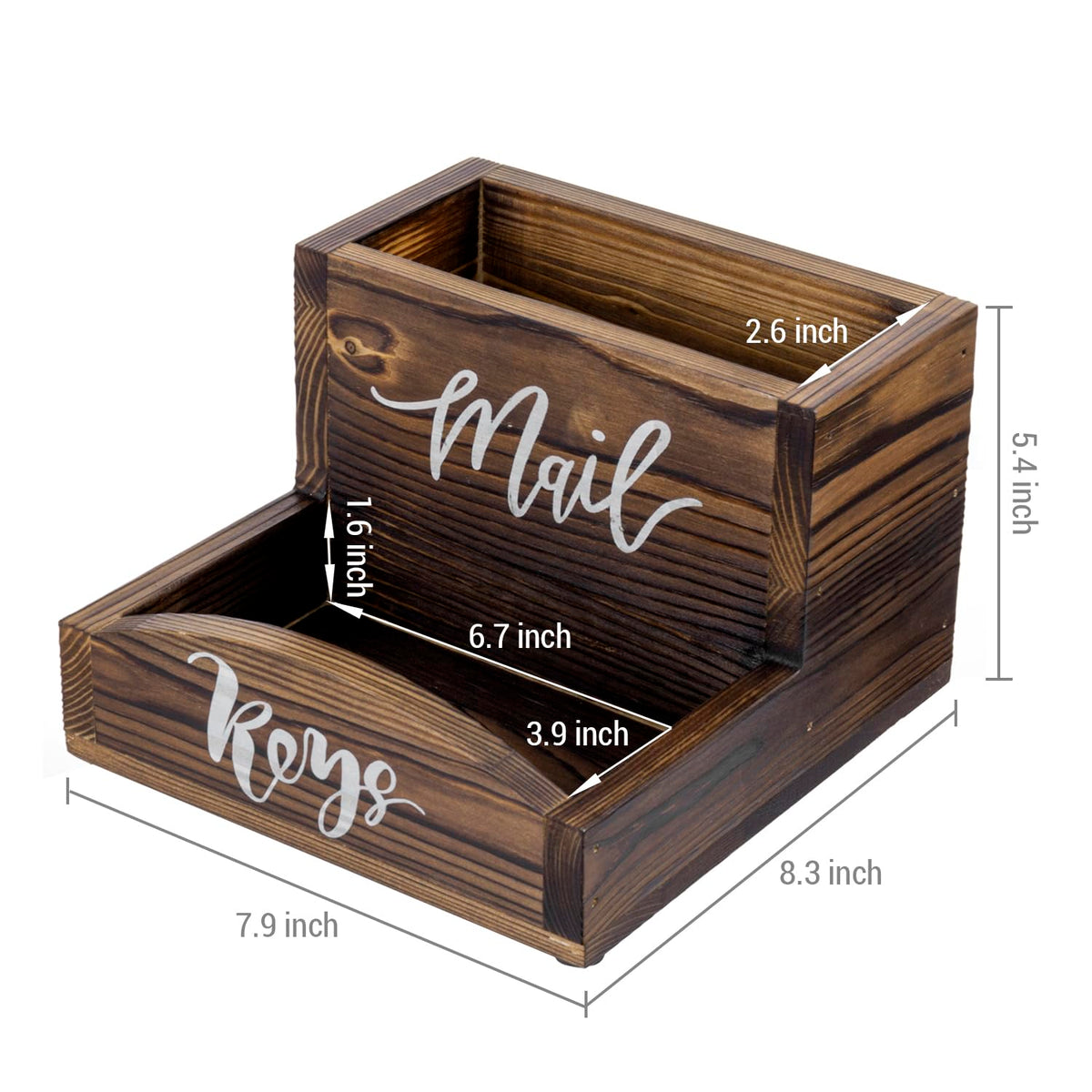 MyGift Rustic Burnt Solid Wood Mail Holder and Key Organizer, Entryway Storage Tray or Office Desktop Organizing Bin with White Cursive Lettering Labels