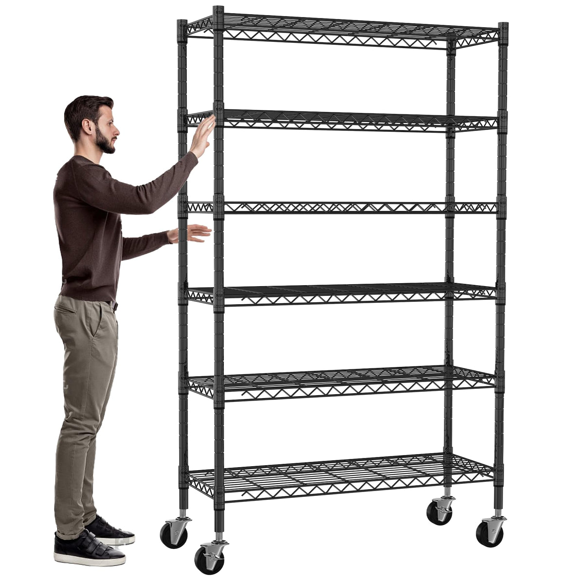 Meet perfect 6-Tier Storage Shelves NSF Certified Wire Shelving Unit on Wheels Heavy Duty Metal Shelves Adjustable Steel Shelving 2100Lbs Capacity for Closet Pantry Basement- (18"x45"x82", Black)