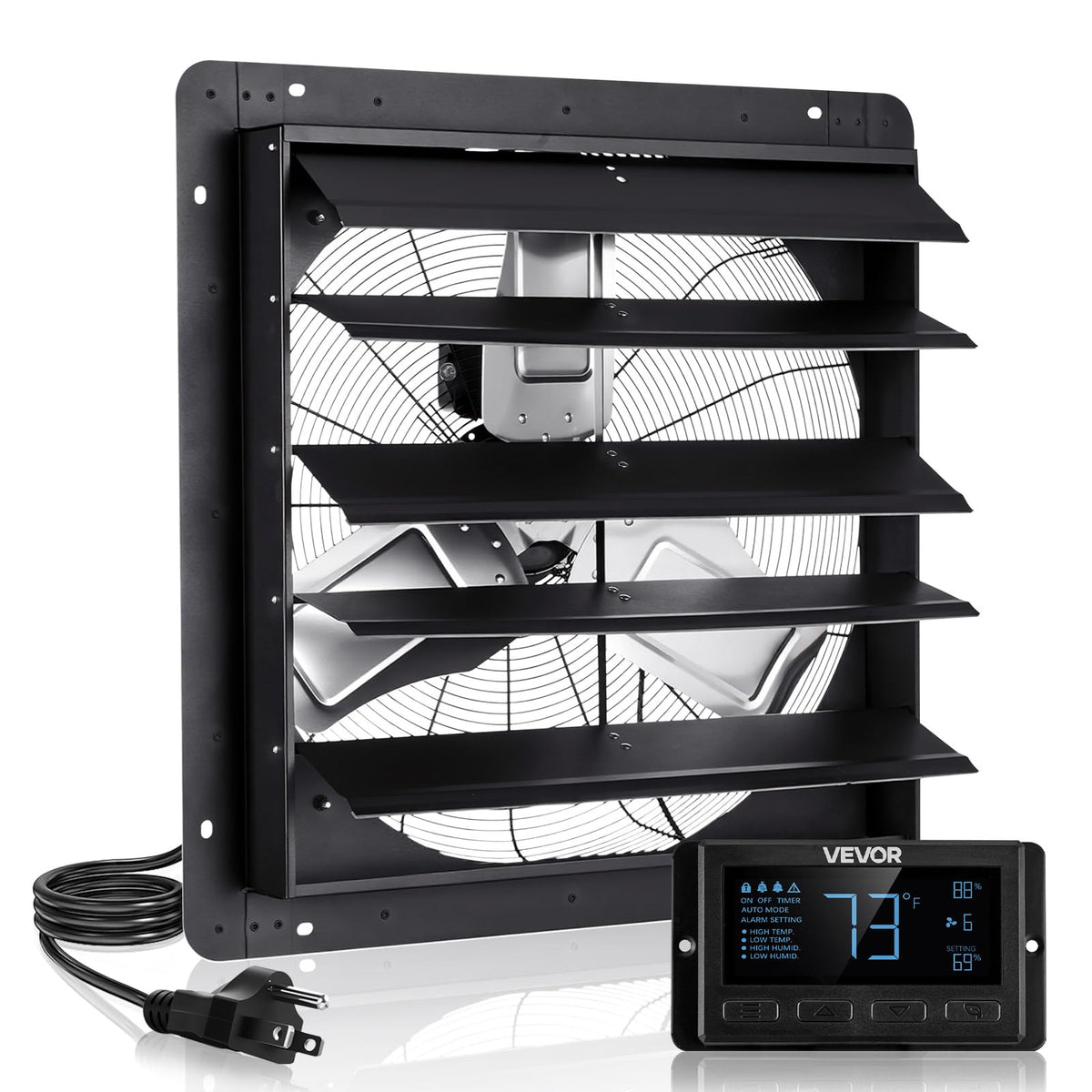 VEVOR 24 inch Exhaust Fan, Wall Mounted Attic Fan with Variable Speed, Temperature & Humidity Controller, 4800 CFM, Automatic Shutter