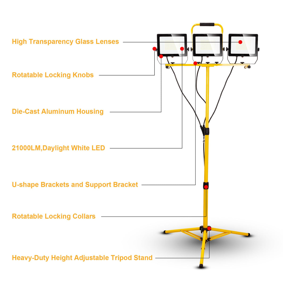 30000 Lumen Work Lights with Stand, 300W Three Head LED Work Light, Waterproof Lamp with Individual Switch, Adjustable Metal Telescoping Tripod（2 Pack）
