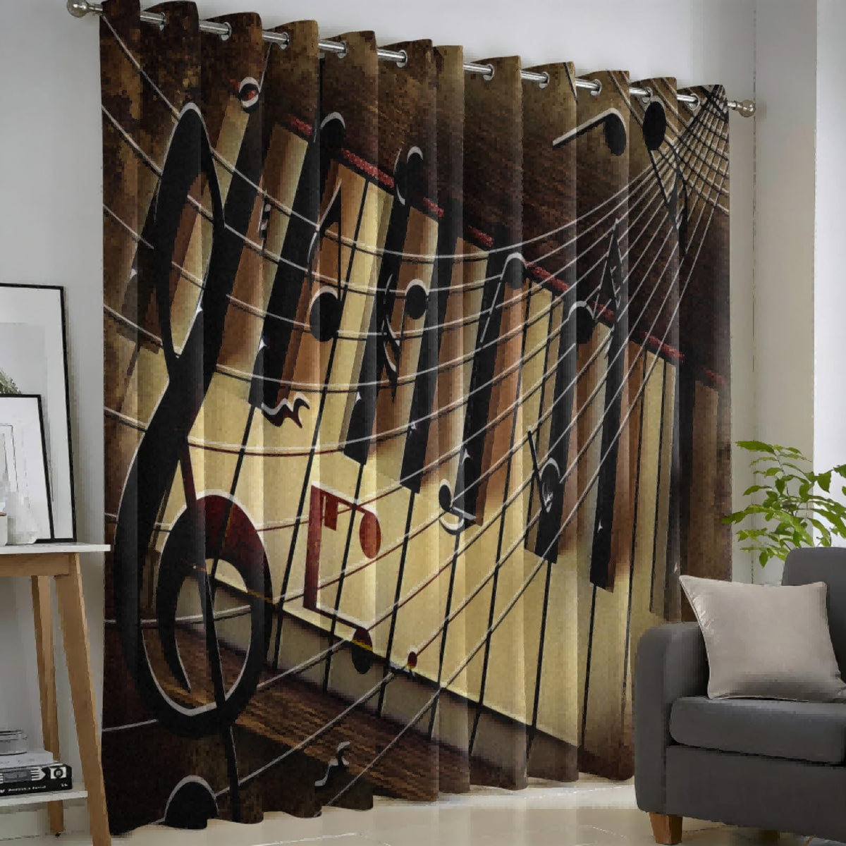 MBVZGUK Retro Nostalgia Piano Keyboard Curtains for Bedroom, 63 Inch Long 2 Panels, Music Note Staff Pattern Curtain Panels, Classic Rustic Brown Vintage Style Window Drapes for Music Studio