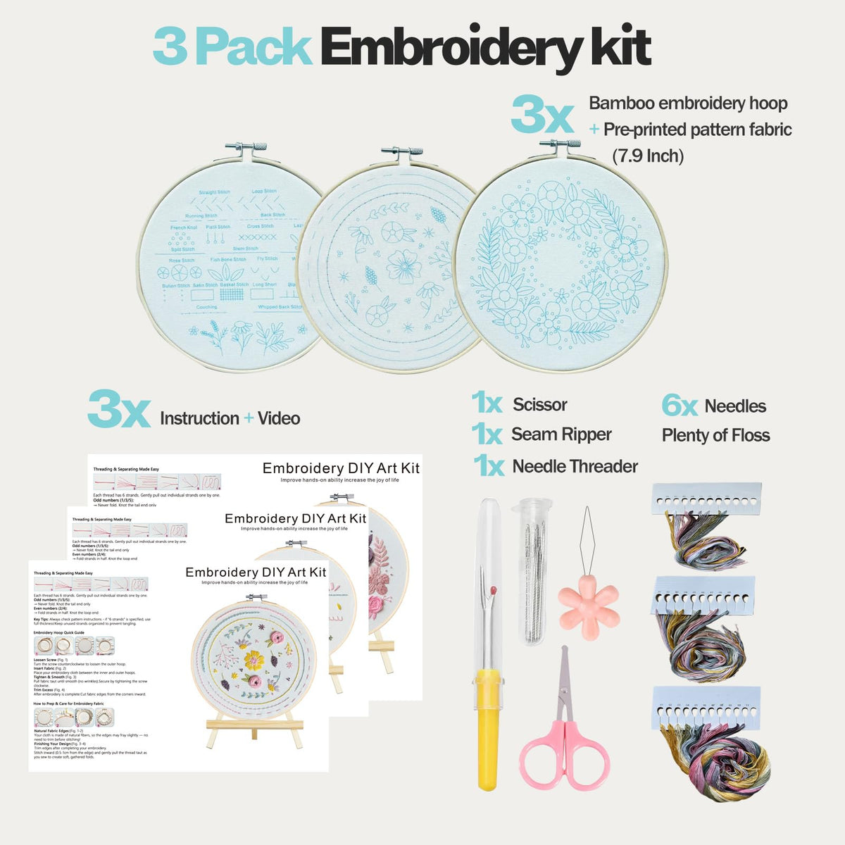 Embroidery Kit,3 Pack Embroidery Kit for Beginners With Step by Step Learn 22 Different Stitches from Instruction & Video,Stamped Embroidery Patterns,Hand Embroidery Kit for Adult, Stitches Kit