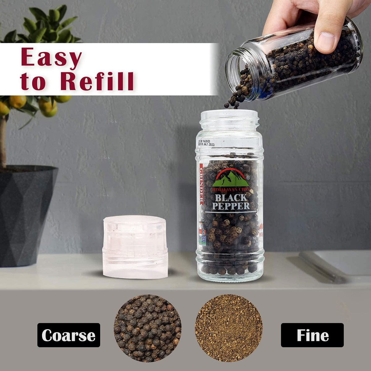 Himalayan Chef Pink Salt and Black Pepper Grinder with Stainless Steel Rack