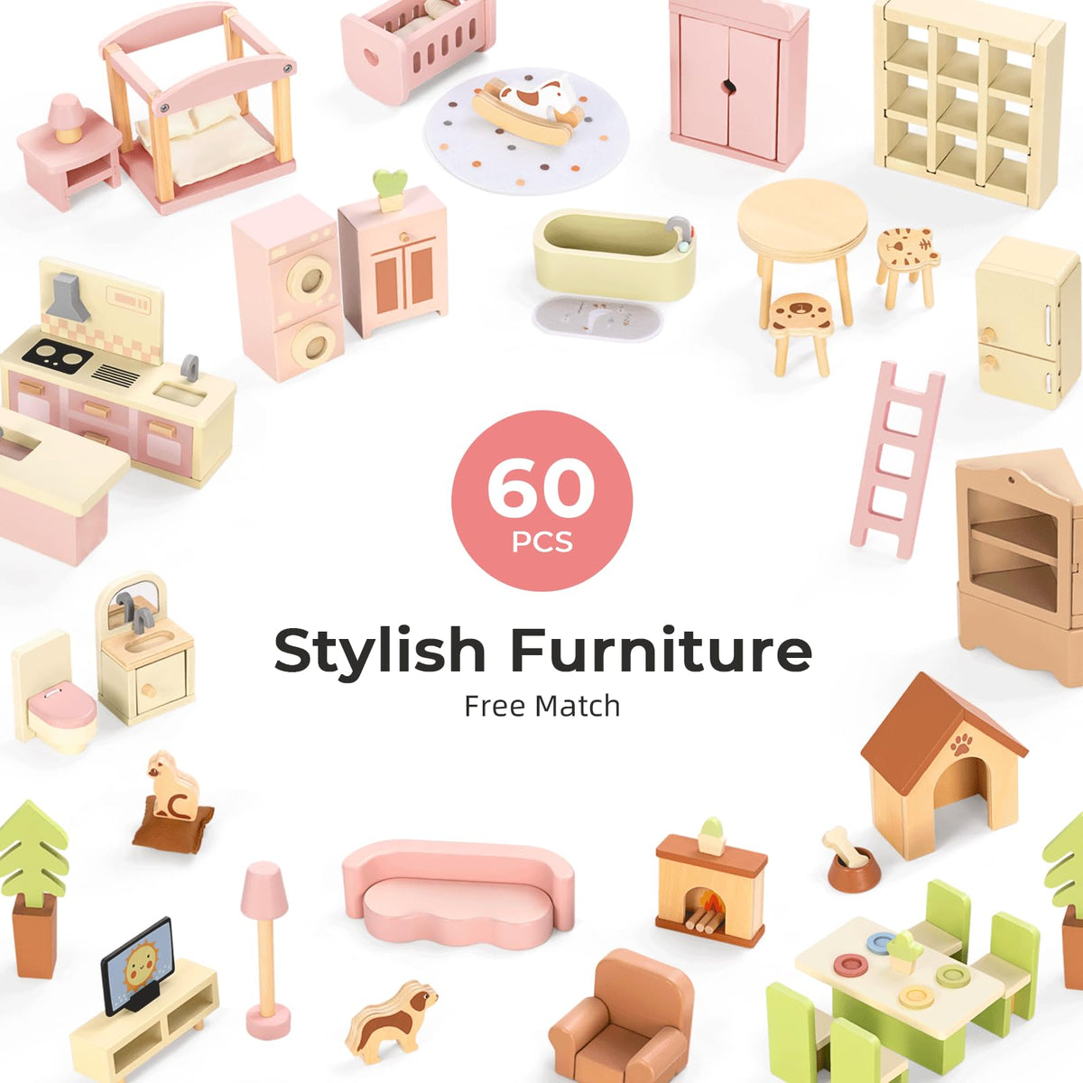 OOOK Wooden Dollhouse with 60 Pcs Luxurious Furniture Accessories, Including 4 Dolls and 2 Pets, Large 3-Story Doll House with 6 Rooms, Doll House for 3 Year Old