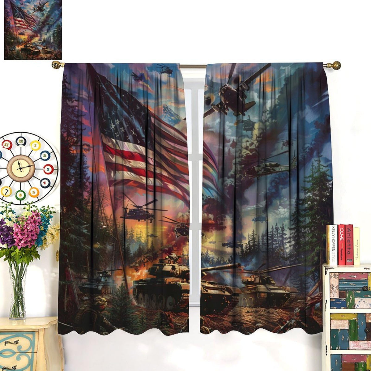 TOWINSFB Military War Theme Blackout Curtains, USA Tank Plane American Soldier Home Decor Rod Pocket Window Drapes for Living Room Bedroom - 42" W x 45" L