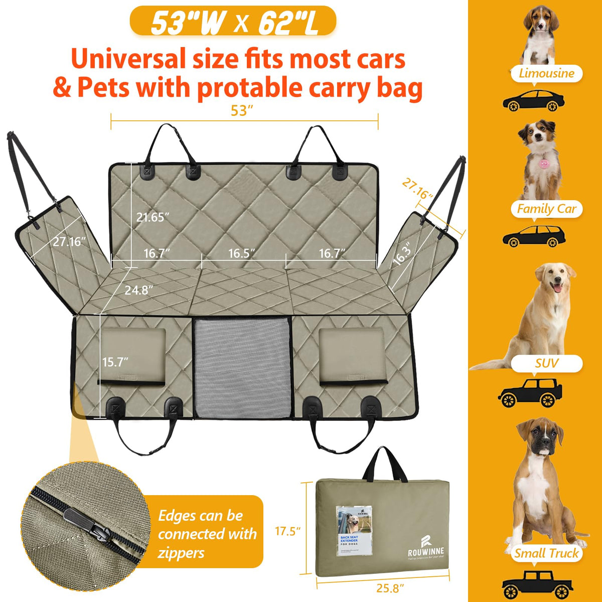 ROUWINNE Back Seat Extender for Dogs-Large Space, Dog Car Seat Cover Hard Bottom Holds 420lbs, Sturdy Backseat Extender for Dogs, Upgraded Waterproof Pet Car Bed Dog Hammock for Car SUV, Truck Khaki