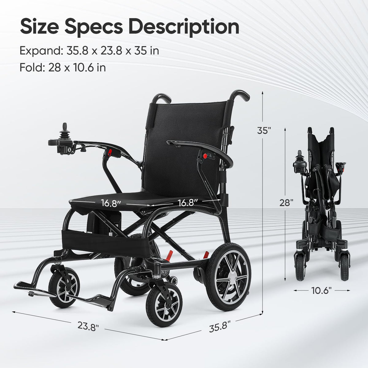 25.5lbs Carbon Fiber Electric Wheelchair for Adults, Lightweight Foldable Power Wheelchair with Dual Batteries, Portable Motorized Travel Wheelchairs, Airline Approved, Black