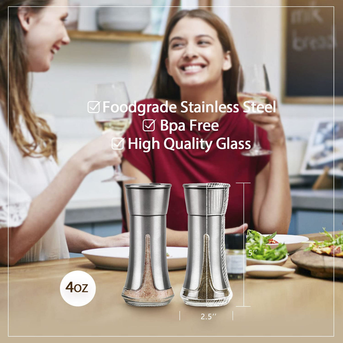 Salt and Pepper Shakers by Aelga - Salt Shaker with Adjustable Pour Holes for Himalayan, Kosher