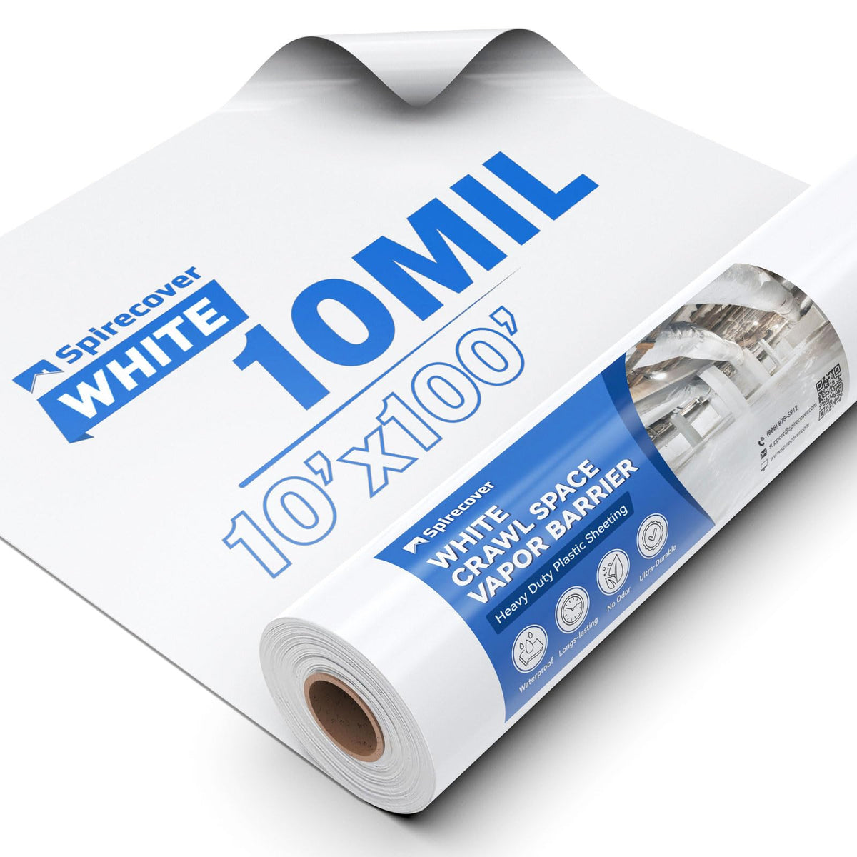 Spirecover White Crawl Space Vapor Barrier, 10 Mil Vapor Barrier, 10' x 100', Heavy Duty Polyethylene Film, Thick Plastic Sheeting, Plastic Drop Cloth Covering for Crawlspace, Basement