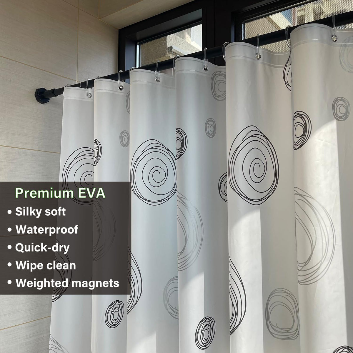 Myratts Plastic Shower Liner - Premium EVA 6G Thickened Shower Curtain Liner with Rustproof Grommets and 3 Weighted Magnets, Waterproof Shower Curtain for Bathroom(Black Circle)