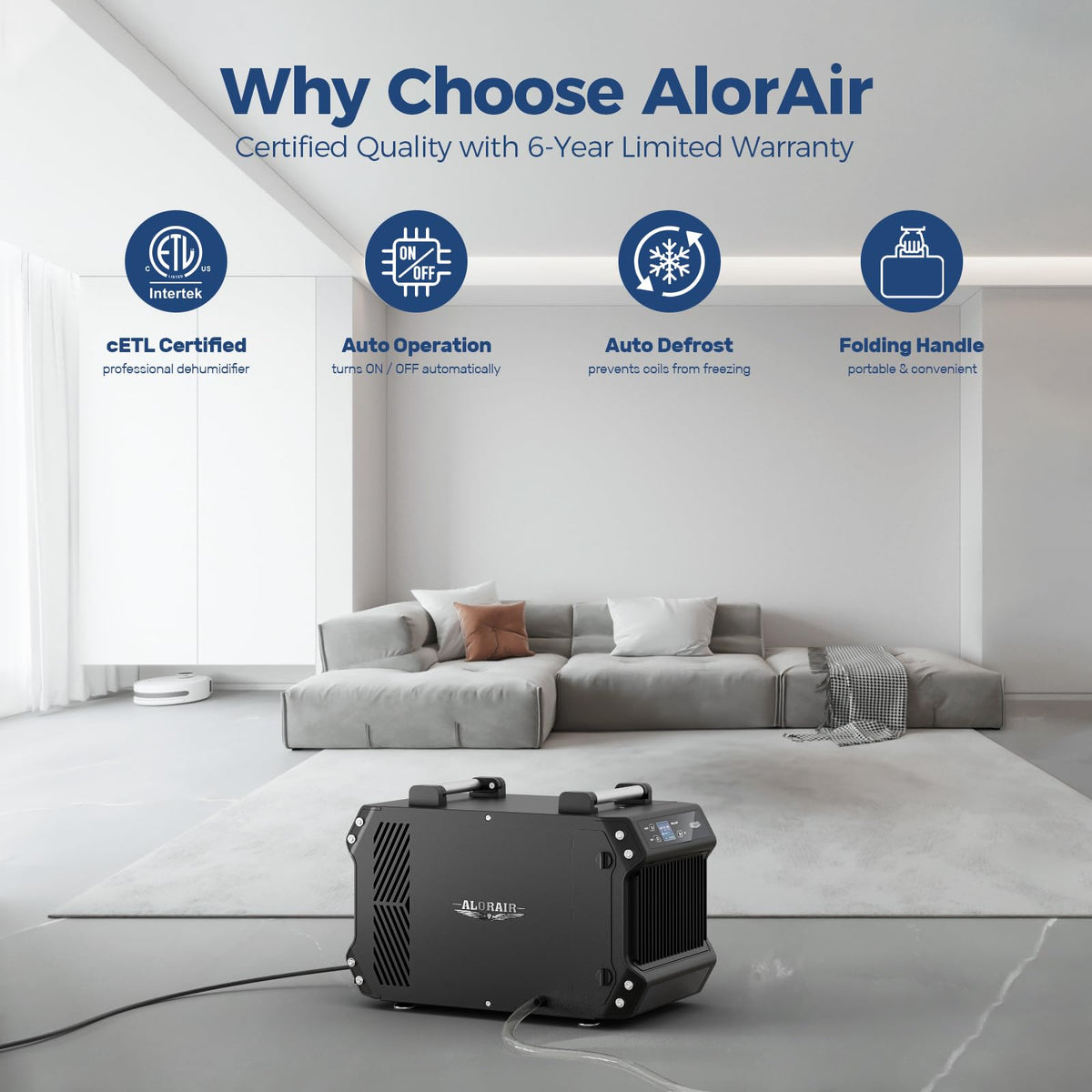 ALORAIR Galaxy 60 Crawl Space Dehumidifier 145 PPD, Commercial Basement Dehumidifier with Drain Hose, Auto Defrost, Compact Portable Dehumidifier for Crawlspaces and Basements, Up to 1,800 Sq. Ft.