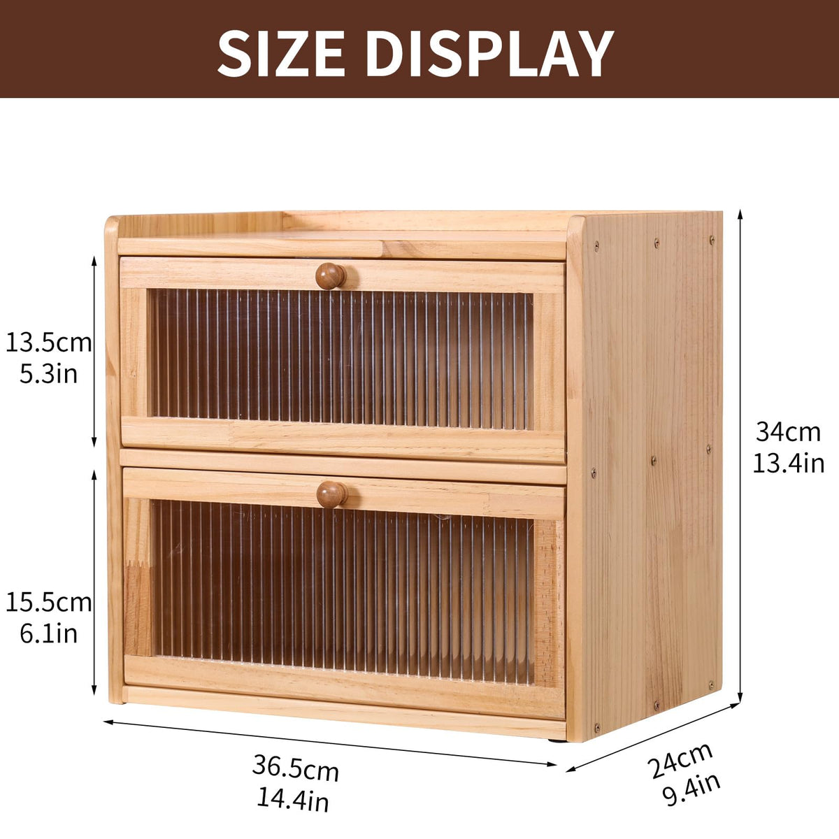 FDHUIJIA Double Layer Large Bread Box for Kitchen Counter, Wooden Bread Storage Container with Acrylic Window, (natural)