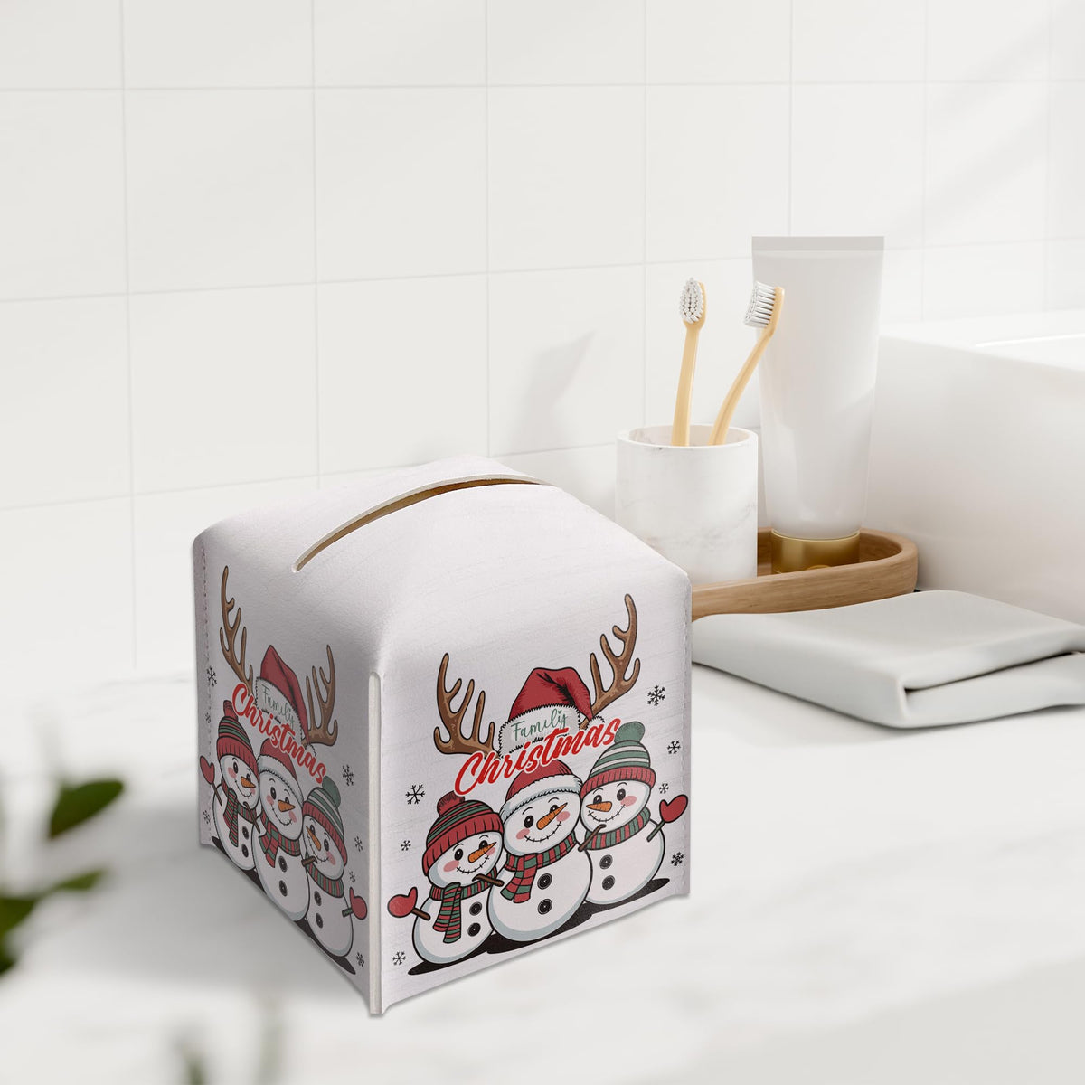 Christmas Snowman Tissue Box Holder, First Christmas as A Family of Three Leather Tissue Box Cover Square, Paper Facial Decorative Tissues Cover for Night Stands Bathroom Office Home Decor-B02