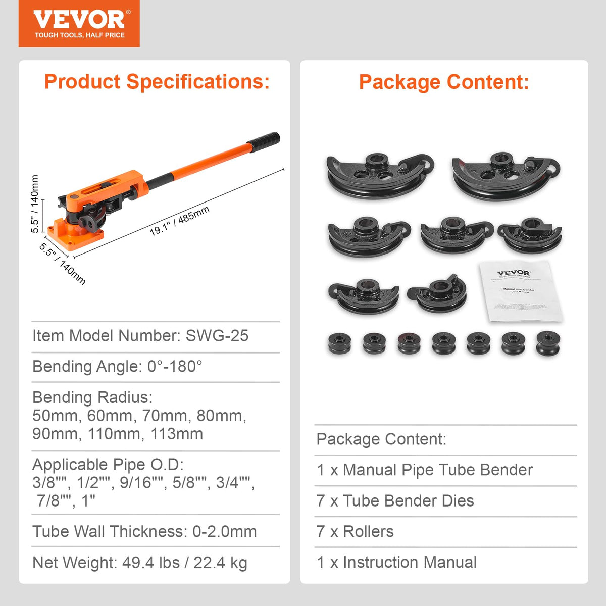 VEVOR Pipe Tube Bender, 3/8" to 1" OD Manual Pipe Tube Bender with 7 Bending Dies, 180° Copper Aluminum Pipes Bending Tools for HVAC Air Conditioning Refrigerator Auto Repair