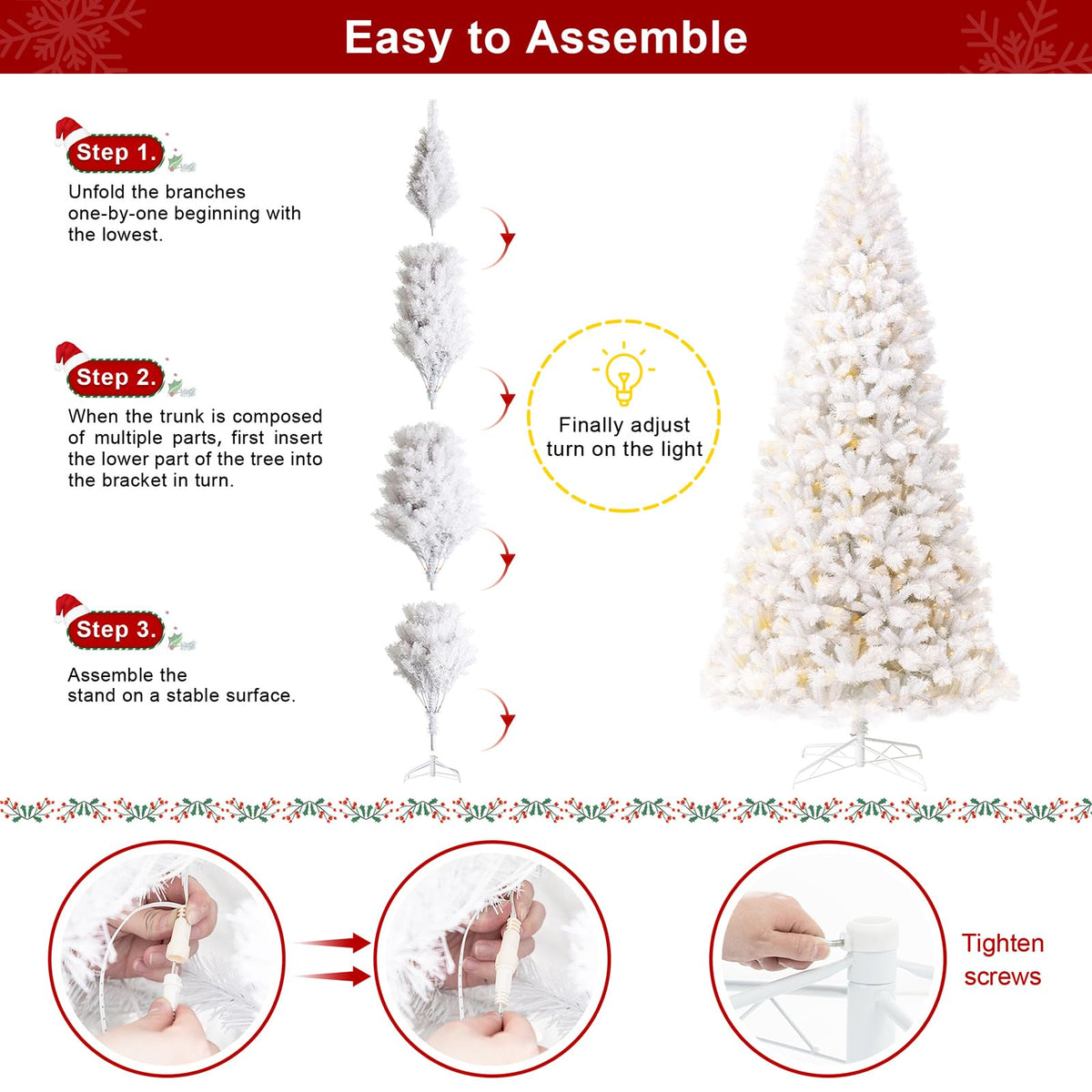 Glitzhome 10ft Pre-Lit Slim Artificial Christmas Tree, Aspen Frostfall Pine Hinged Holiday Xmas Tree with Foldable Metal Stand, 800 Warm White Lights, Ideal for Home, Office, Party Decoration
