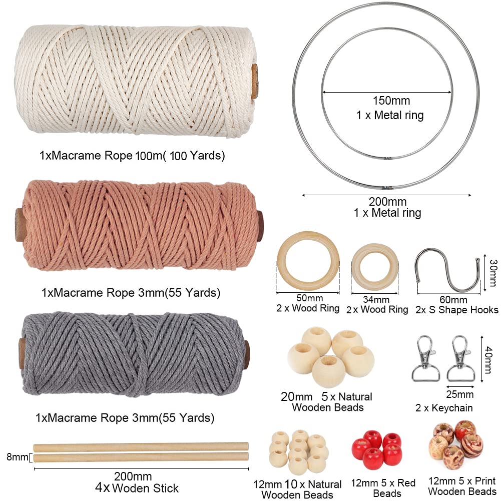 UHAPEER Macrame Kits for Adults Beginners with 656 Feet 3 mm Macrame Cotton Cord, DIY Macrame Plant Hanger Kit with Macrame Supplies and Instructions, Macrame Meads, Wooden Rings, Dream Catcher Rings