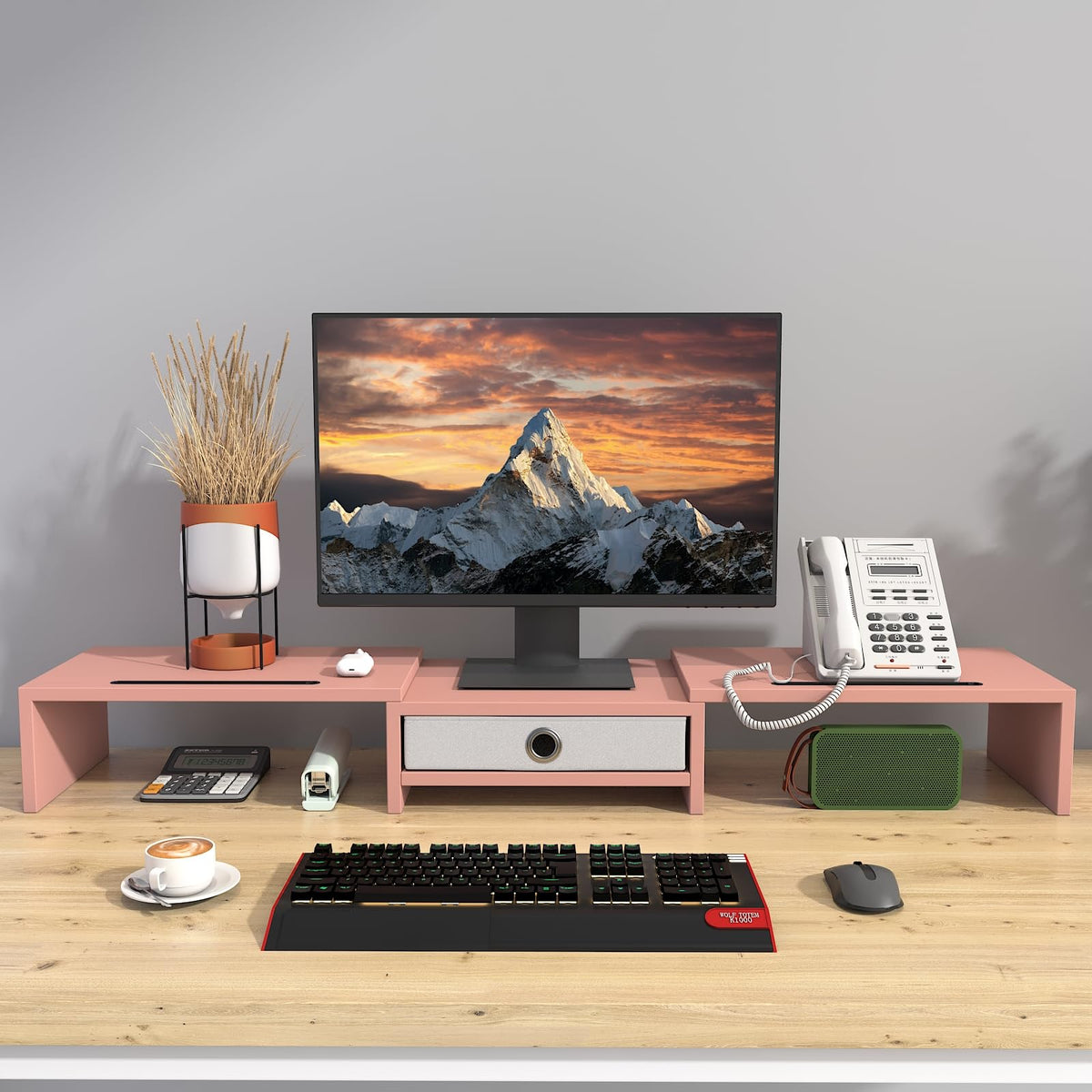 WESTREE Dual 3 Shelf Computer Riser with Drawer, Adjustable Length and Angle, Desktop 2 Monitor Stand Storage Organizer