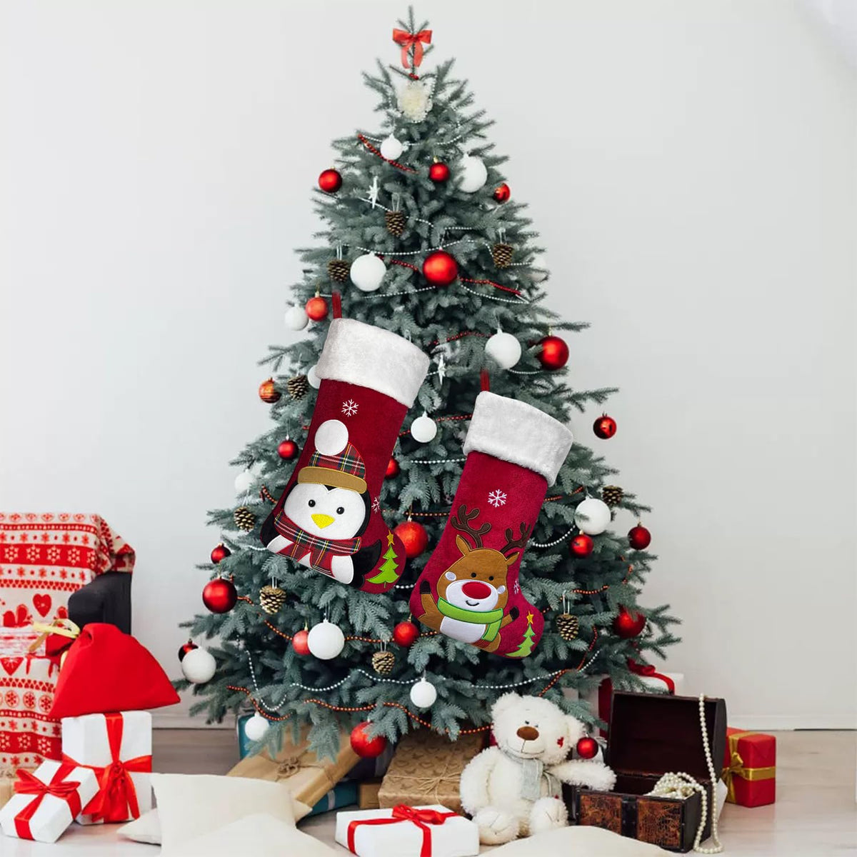 Animal Christmas Stockings with Lined, 20 inch Velvet 3D Deer, Penguin, Reindeer, Bear Snowman Xmas Stockings for Kids Girls Boys Christmas Decorations (Red Penguin)