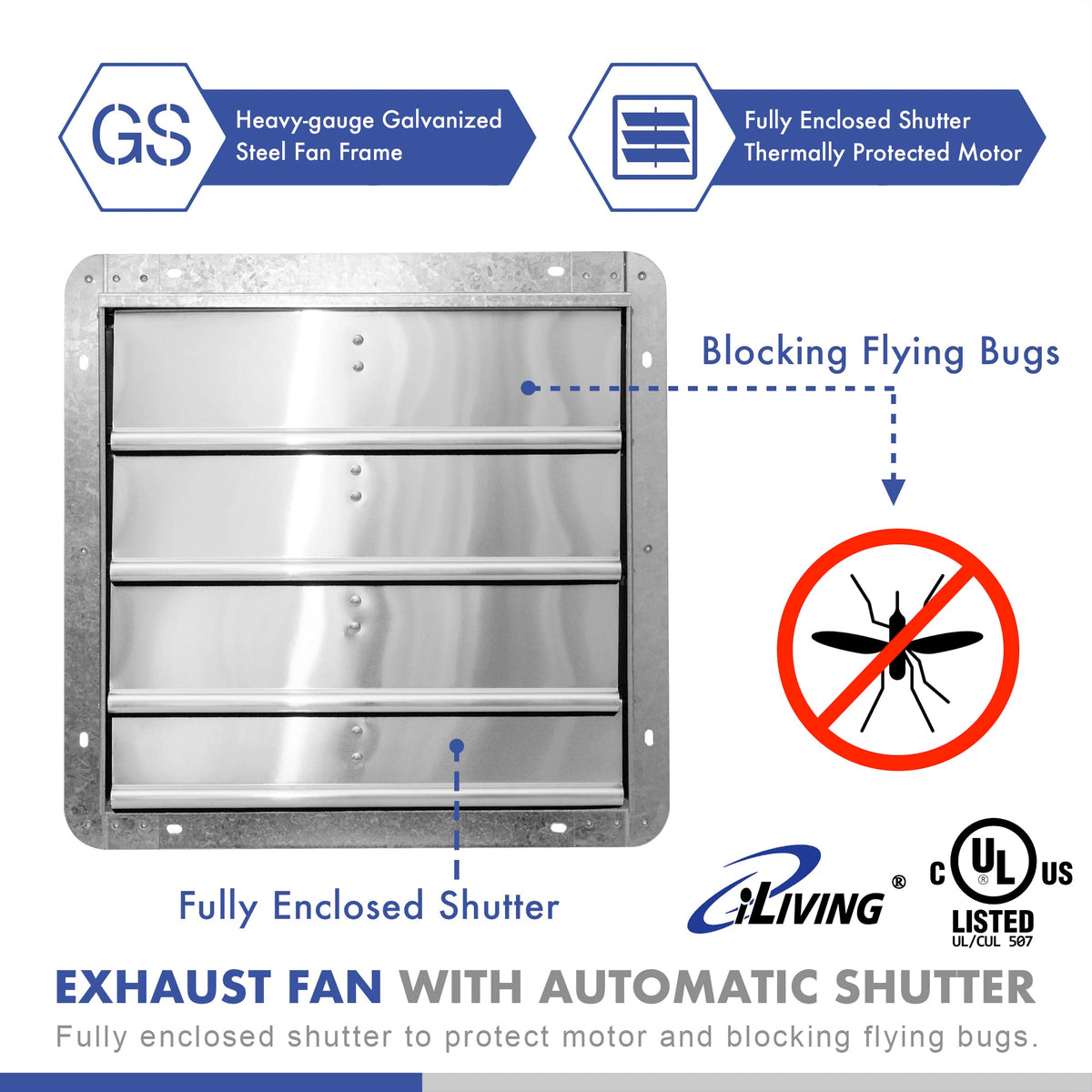 iLIVING 16" Wall Mounted Shutter Exhaust Fan, Automatic Shutter, with Thermostat and Variable Speed controller, 0.85A, 1200 CFM, 1800 SQF Coverage Area Silver (ILG8SF16V-ST)