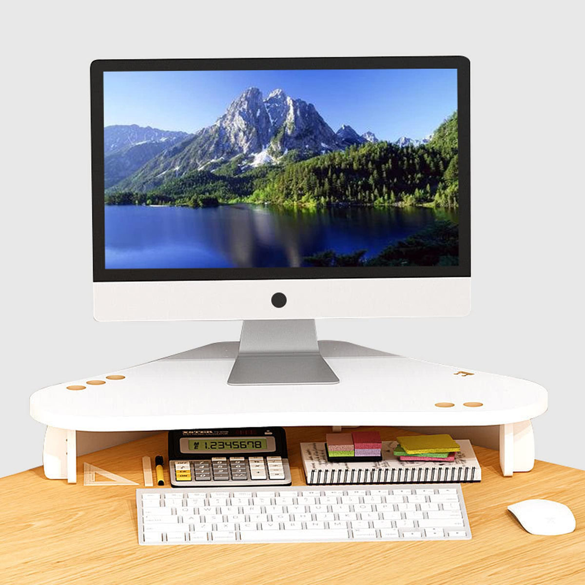 Triangle Wood Monitor Stand Riser - White Multi-Purpose Desktop Storage for Computer, Laptop, Printer