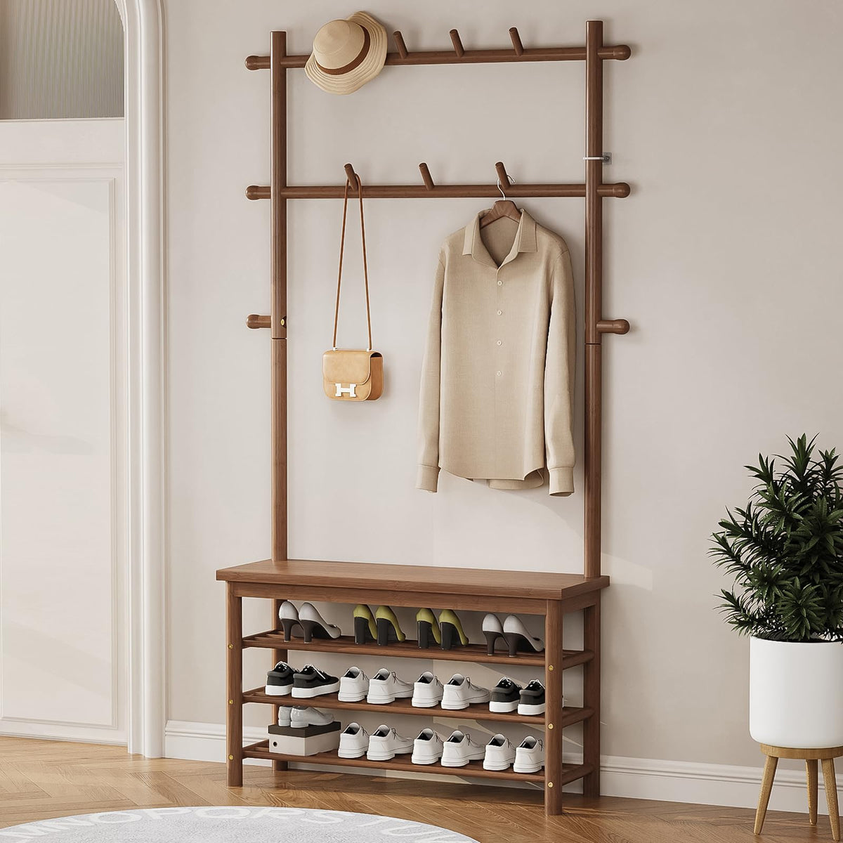 Welfuturer Bamboo Hall Tree with 13 Hook, 6-in-1 Entryway Bench with Coat Rack Freestanding, Coat Rack with Shoe Storage Bench Organizer for Mudroom, Bedroom, All-in-One Shoe Rack,Walnut