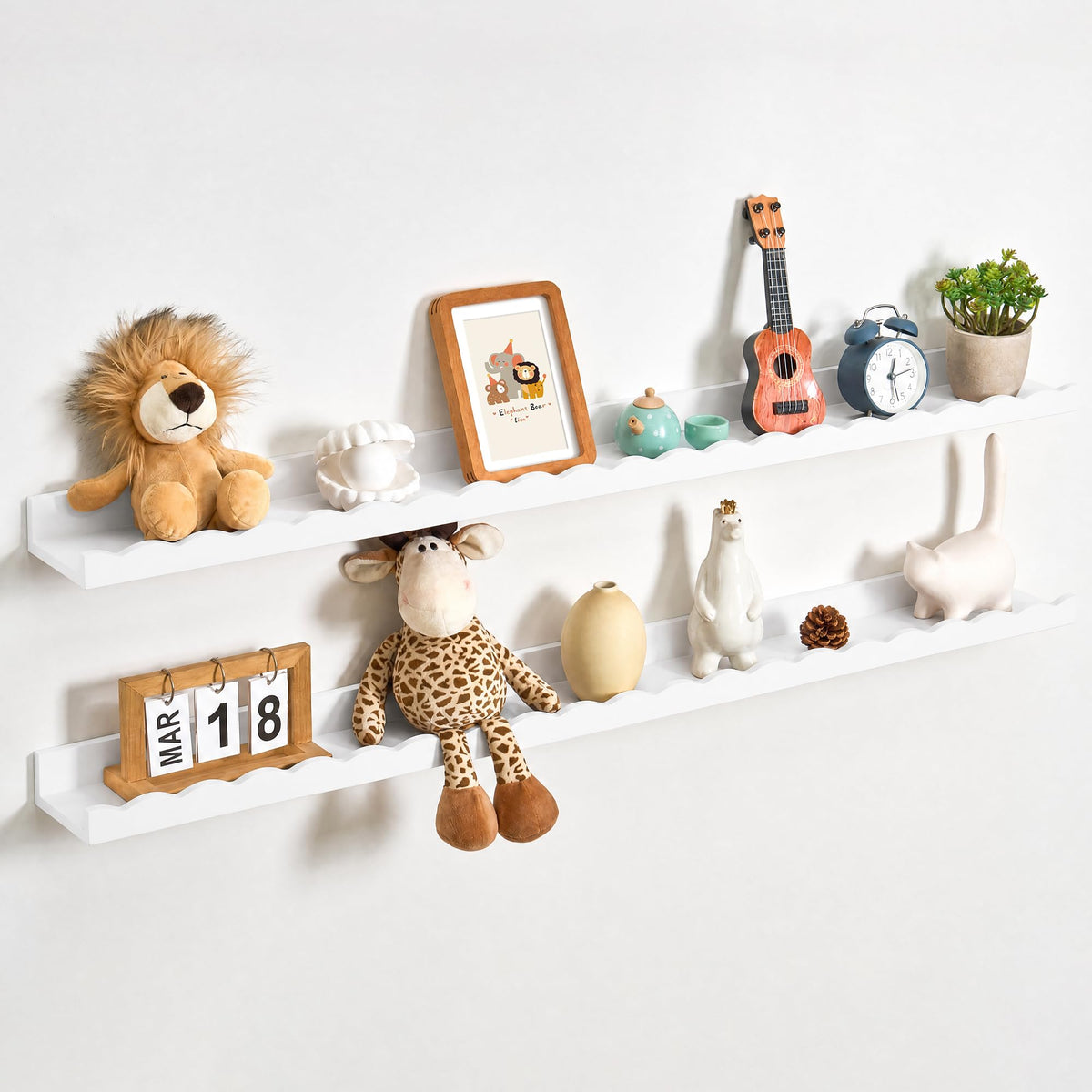 Fun Memories Picture Ledge Shelf for Wall, 48 inch Pine Wood Nursery Book Shelves Set of 2- Wall Book Shelves for Kids Room, Home Decor - Kitchen Spice-White