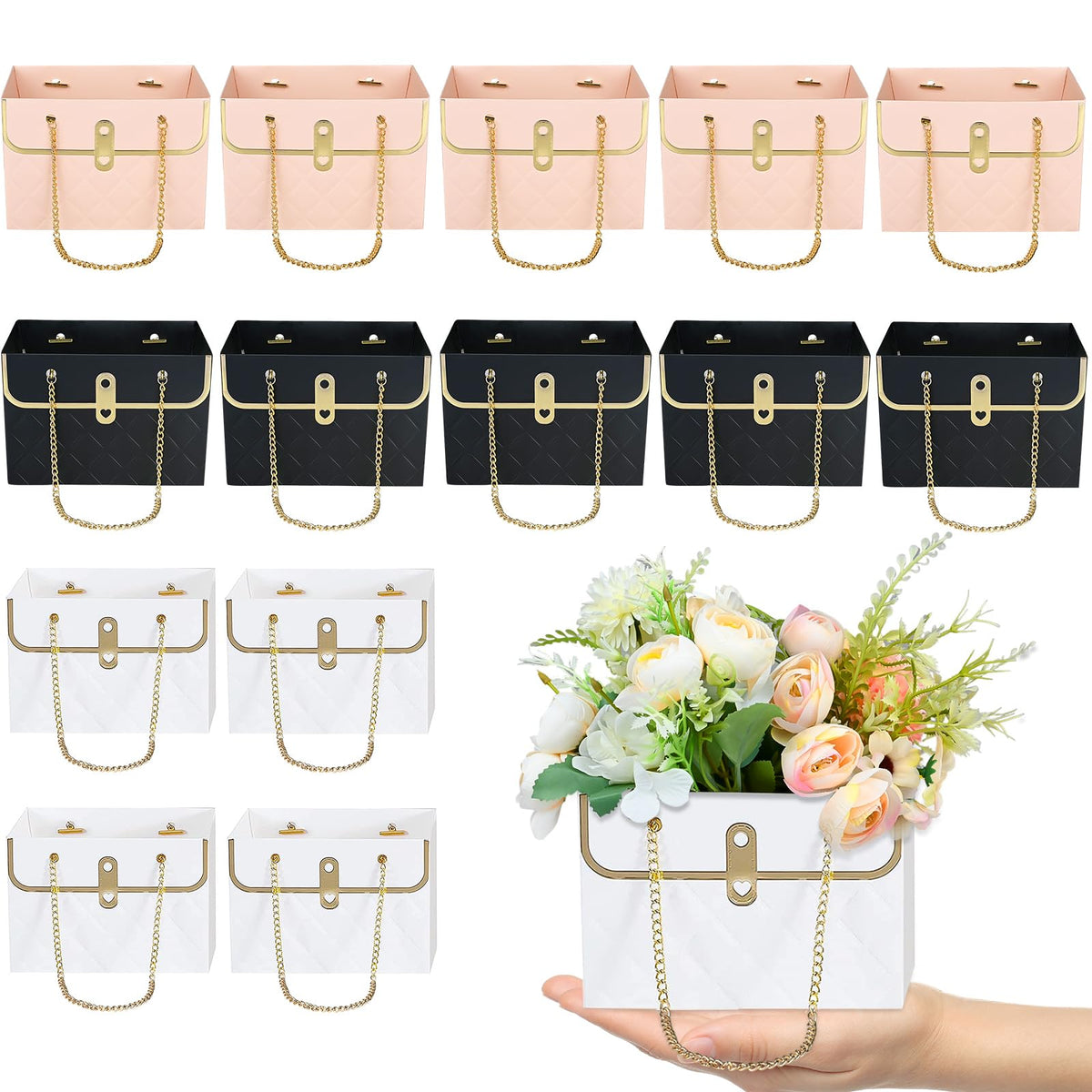 VAIPI 15 Pcs Flower Paper Gift Box with Metal Chain Flower Paper Gift Bags Flowers Bouquet Storage Bucket Florist Bag Floral Wrap Box for Valentines Mothers Day Wedding Party Supplies