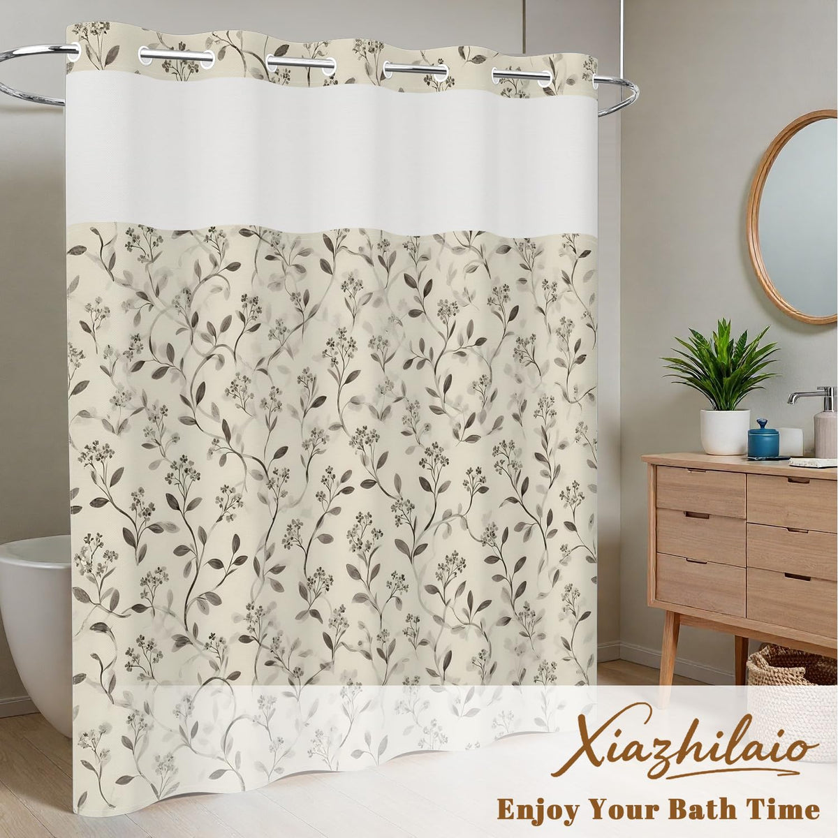 Xiazhilaio Beige Botanical Shower Curtain with Snap in Liner, 71x74 Inch