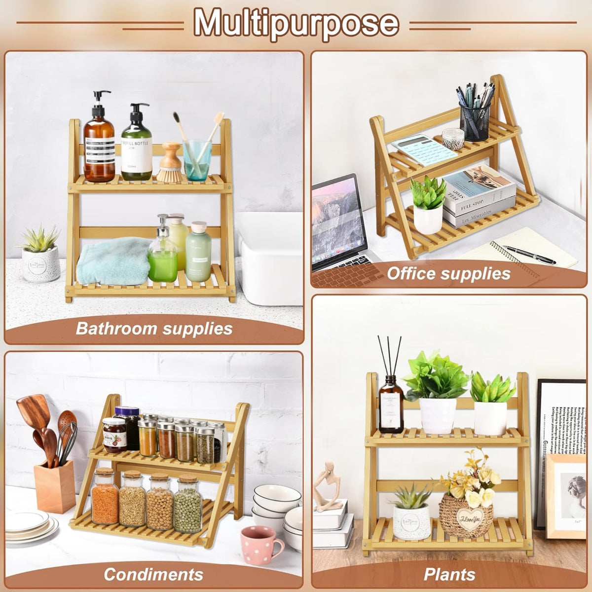 Winmist Glimpse Wooden Matcha Station Shelf, 2 Tier Natural Finish Bamboo Countertop Organizer, 15.7x13.8x7.5 Inch Coffee Bar Display Stand for Mugs, Condiments, Tea & Kitchen Accessories