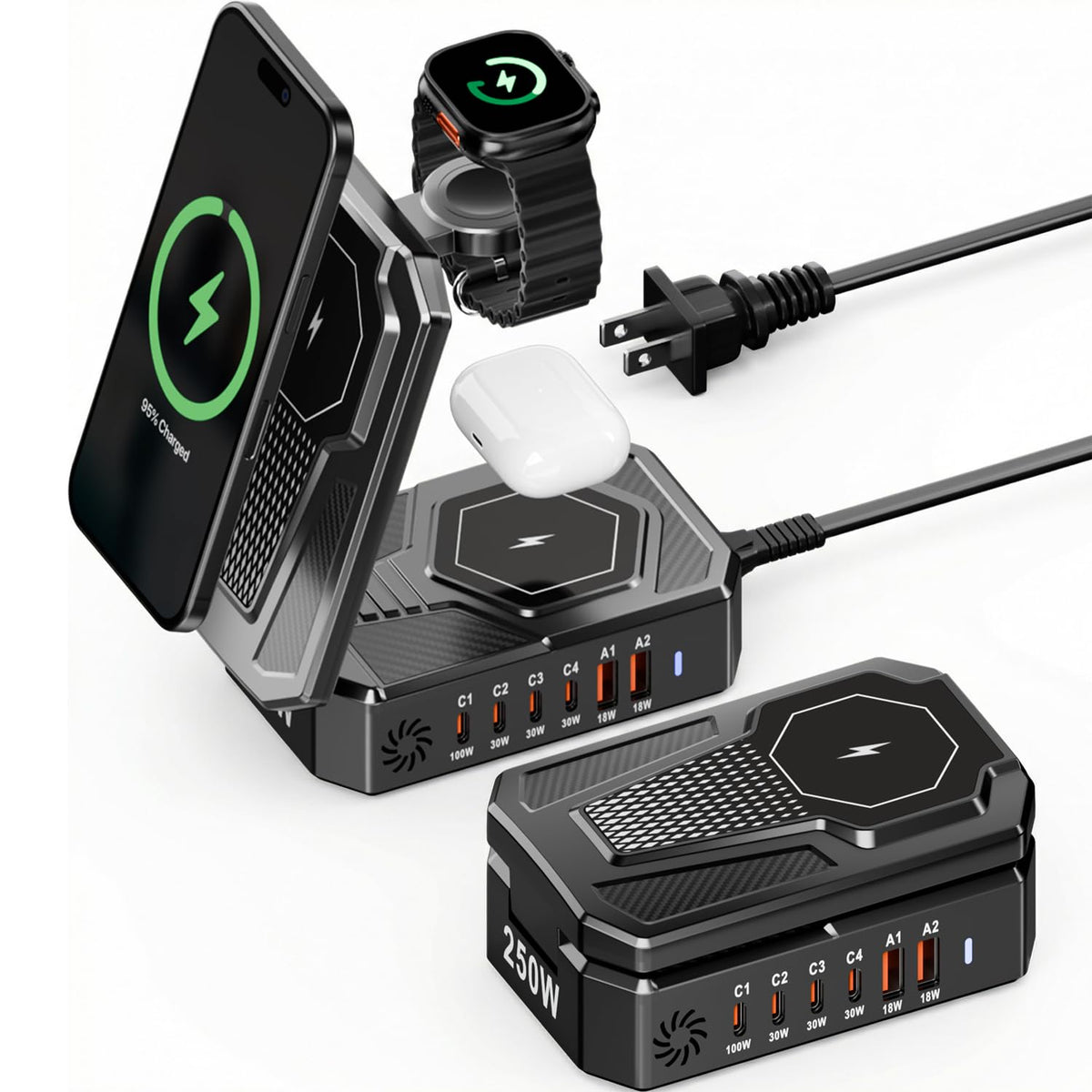 9-in-1 Magnetic Charging Station Foldable - 250W Hub with 100W USB-C for Laptops, 3-in-1 Wireless Dock for Phones/Watches/Earbuds