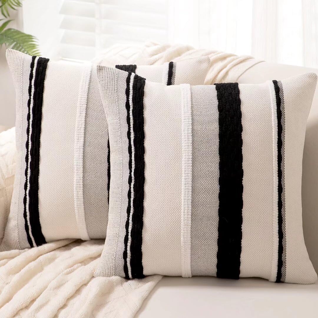 WANLIRD Boho Throw Pillow Covers 18x18 Set of 2 Farmhouse Decorative Cushion Case Striped Square Pillows Cover Chenille Pillow Cases Accent Neutral Pillowcase for Sofa Couch Bed,Black and White