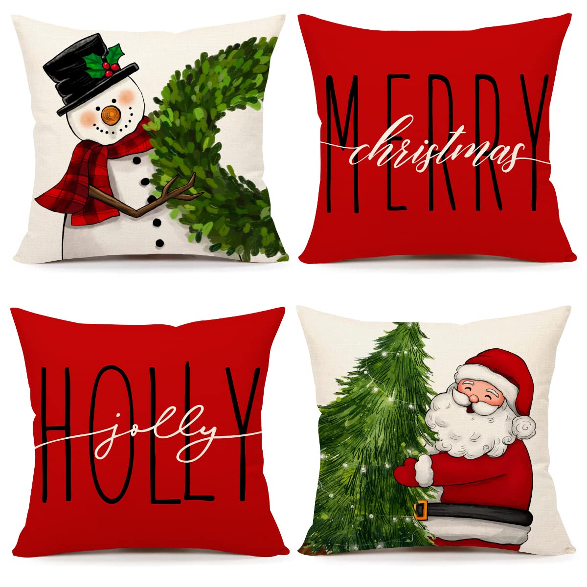 Red Christmas Pillow Covers 18x18 Set of 4 - Farmhouse Decorations With Snowman, Wreath, Santa Claus, Tree - Merry Christmas Holly Jolly Winter Holiday Decor Throw Cushion Case for Home Couch S22C17