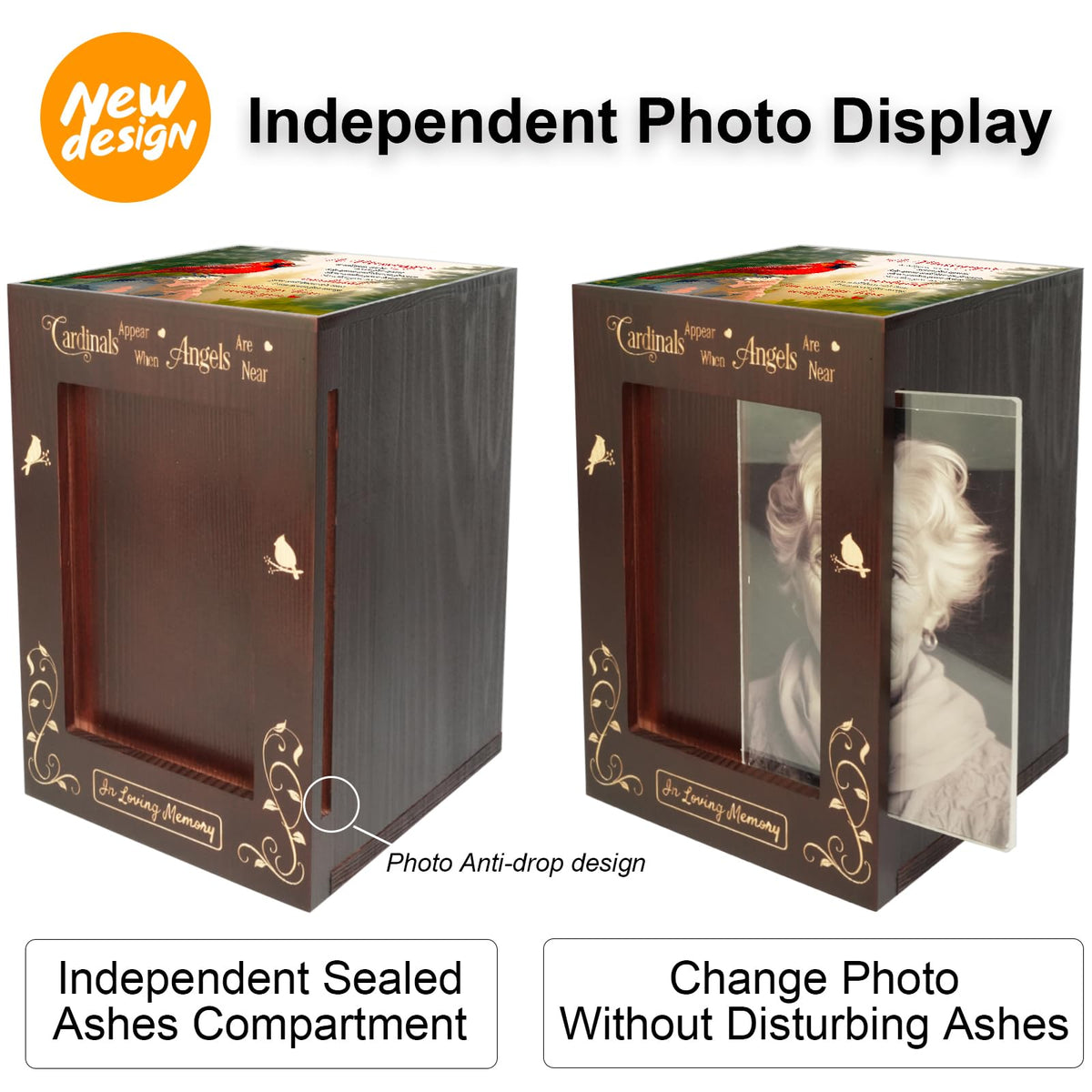 CHIEMOT - Wooden Cremation Urns with Photo Frame for Human Ashes Adult Female Male, Wood Urns Box and Casket, Funeral Decorative Urn with Picture for Adults Up to 200 lbs (Large, Cardinal)