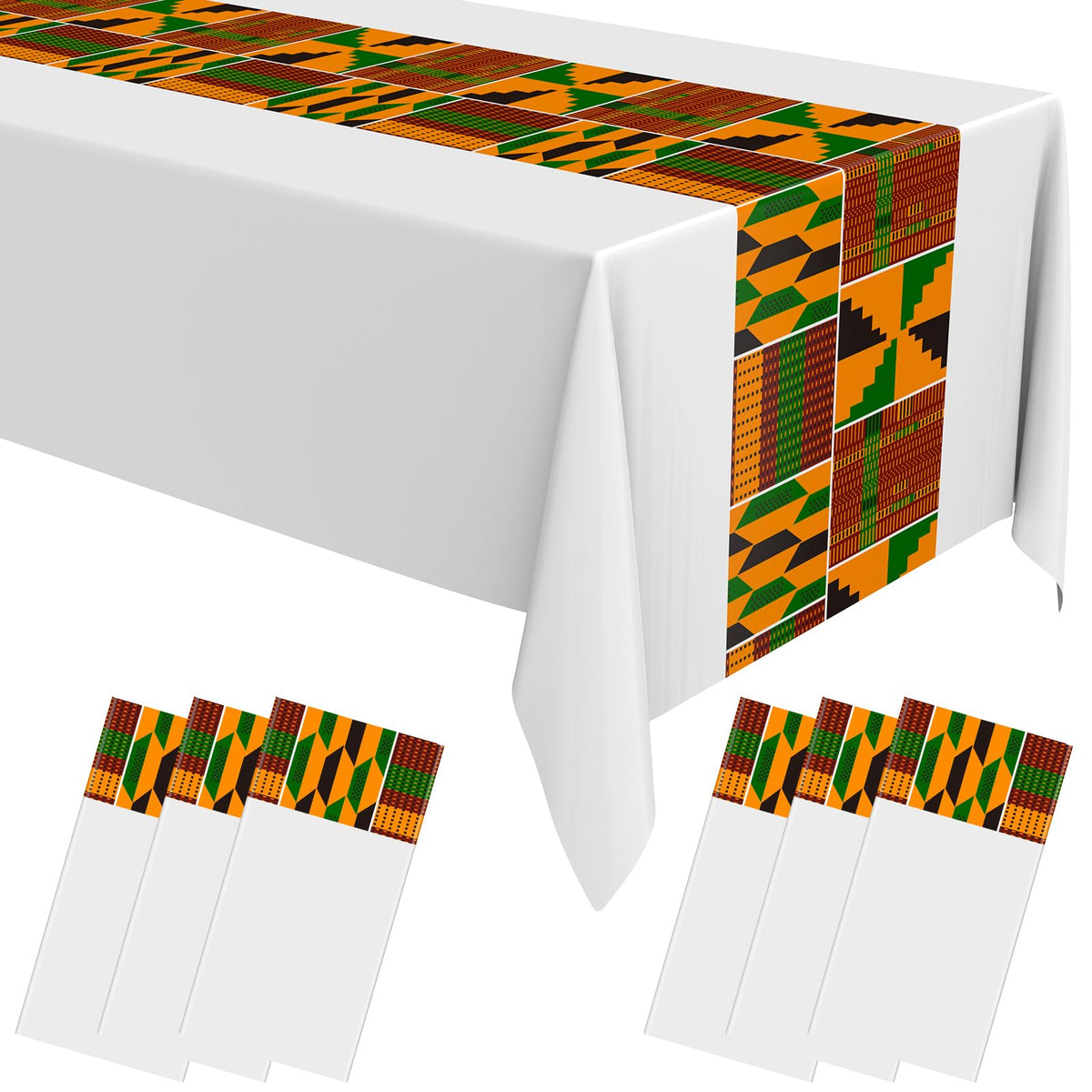 Oudain 6 Pcs 54" x 108" Kente Plastic Tablecloths Black History Month Table Covers Juneteenth Tablecloths Disposable African American Table Decorations for Kwanzaa Home Decor(White,Fresh)