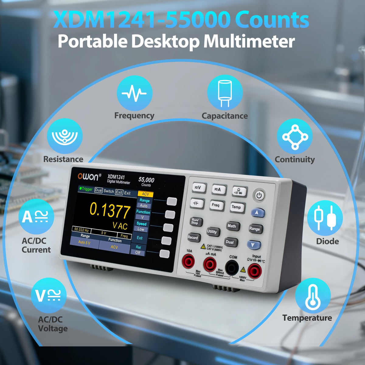 XDM1241 Digital Multimeter Tester 10A AC/DC Current and 1000V DC Voltage Tester, Resistance, Frequency, Capacitance, Diode, Continuity, 3.5 inch LCD Bench Multimeter