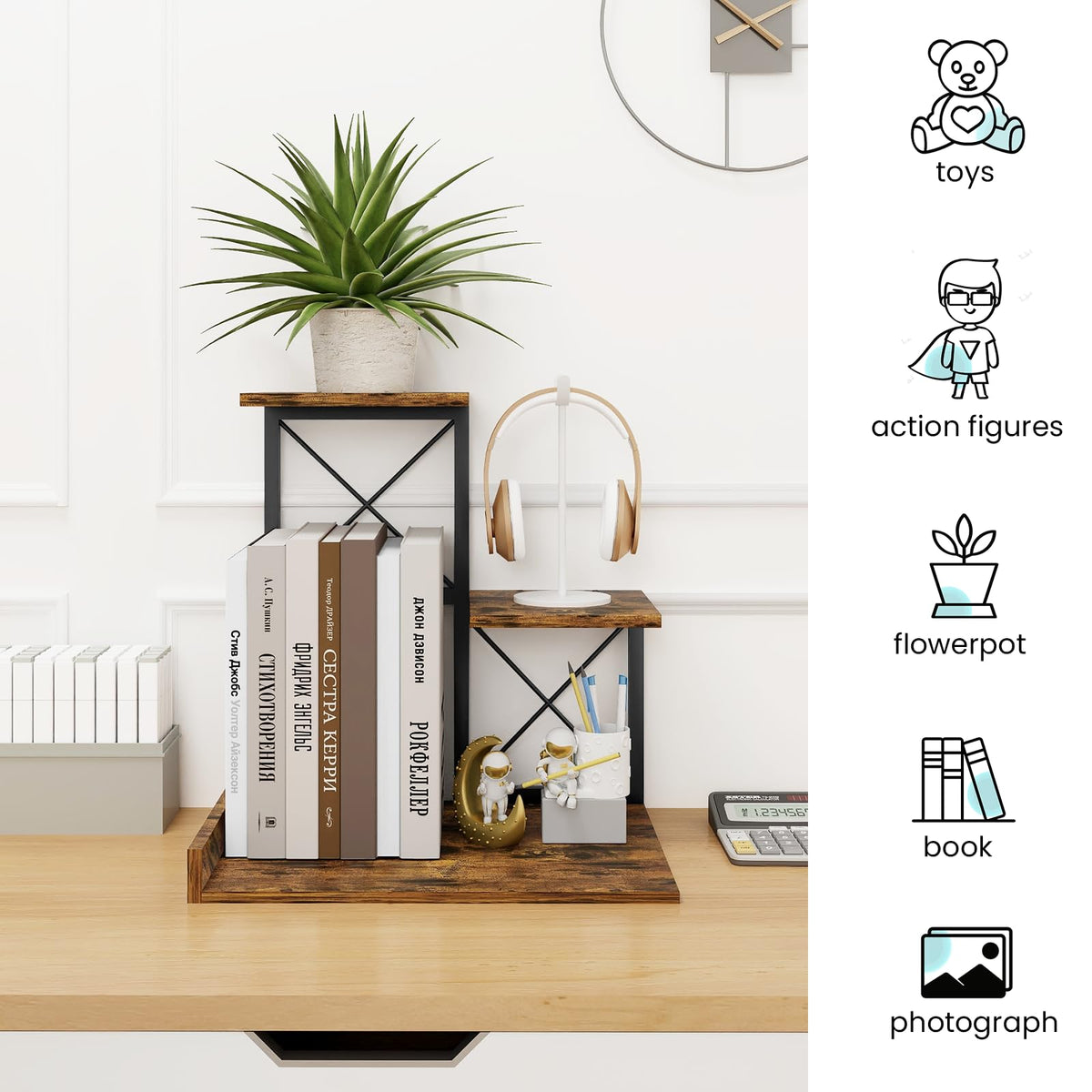 ELITEROO Wood Desktop Shelf, 3 Tier Desk Shelves + Printer Stand, Small Bookshelf Organizer, Printer Riser Stands, Office Storage Rack and Cubicle Organizers Accessories for Dorm Office Home, Brown