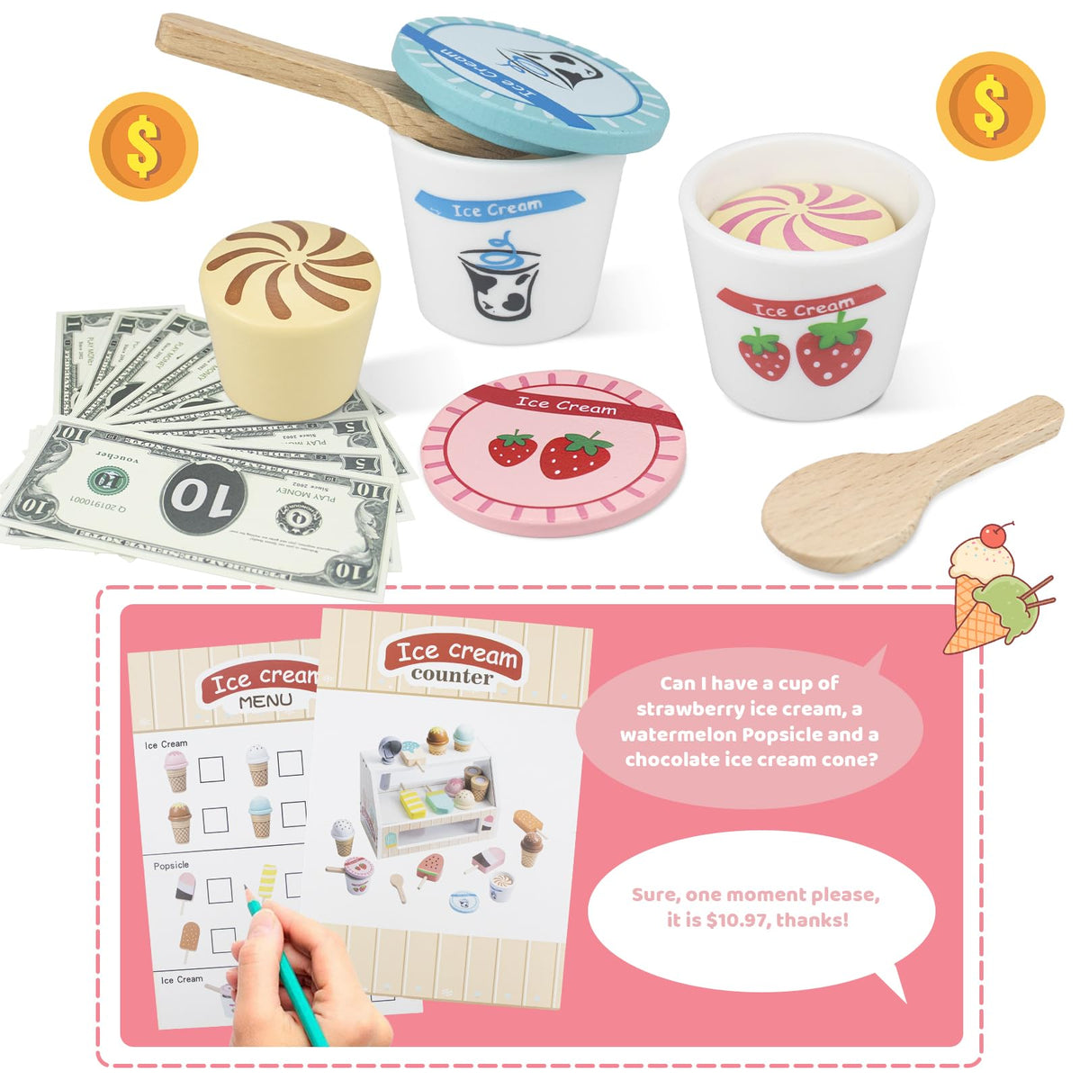 Wooden Ice Cream Toys – 32 pcs Pretend Ice Cream Play Set with Scooper, Menu, Fake Money & Storage | Wooden Play Store Counter Shop & Toy Gift for Toddlers Girls Boys Ages 3 4 5 6 7 8