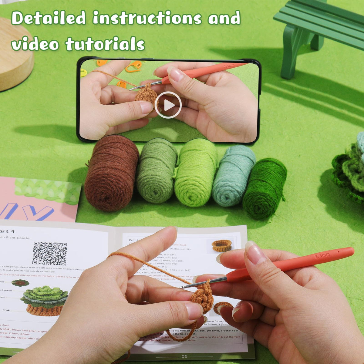 LUNARM Crochet Kit for Beginners, Crochet Start Kit Green Plant Coasters with Step-by-Step Video Tutorials, Easy-to-Learn Knitting with Hook and Yarn, Beginner-Friendly
